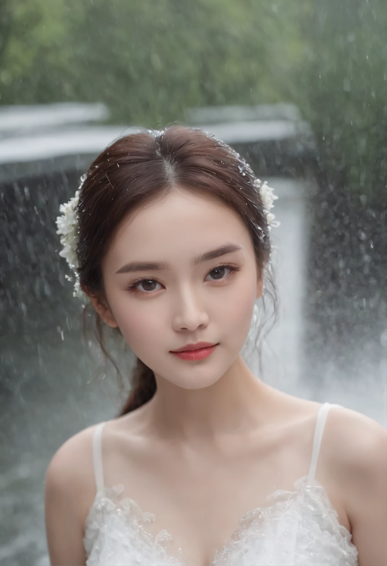 beautiful young Chinese girl, Impressive modern Asian beauty, sad eyes, tears, fragile beauty like a muse, gentle but affectionate, White, exquisitely harmonious pentatonic face, Cinematic beauty, daydreaming, Unforgettable one-time look, The girl smiled slightly, As beautiful as Monalisa's smile, There was a hint of sadness in his smile, Straw tears in the beautiful polyamorous eyes, long lanh, Girl in white dress, standing in light rain, Sparkling raindrops clung to the girl's long, lightly curly hair that was already wet, The delicate and elegant white dress drenched in rainwater clinging to her body, Highlight the shape of the body, She was as beautiful as a flower in the middle of a sad rainy day, The girl leaned back as if waiting for someone, It's heartbreaking. The girl stood in the middle of the road without a shadow, On both sides of the road, pots of lavender flowers spread out, a sad purple, Beautiful views and classics, rich in cinematography, as beautiful as a classic love drama of the modern world