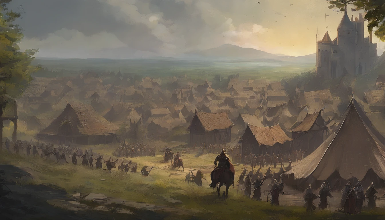 Um close-up de uma cena de guerra medieval,A luta foi feroz,espetacular,Os cruzados medievais travaram muitas batalhas aterrorizantes(Equipe Minotauro),Inimigos avassaladores,On the plain,Entardecer,paisagem medieval,genial,4k,melhor qualidade,primitivo,((Ultra-detailed, high-precision details))