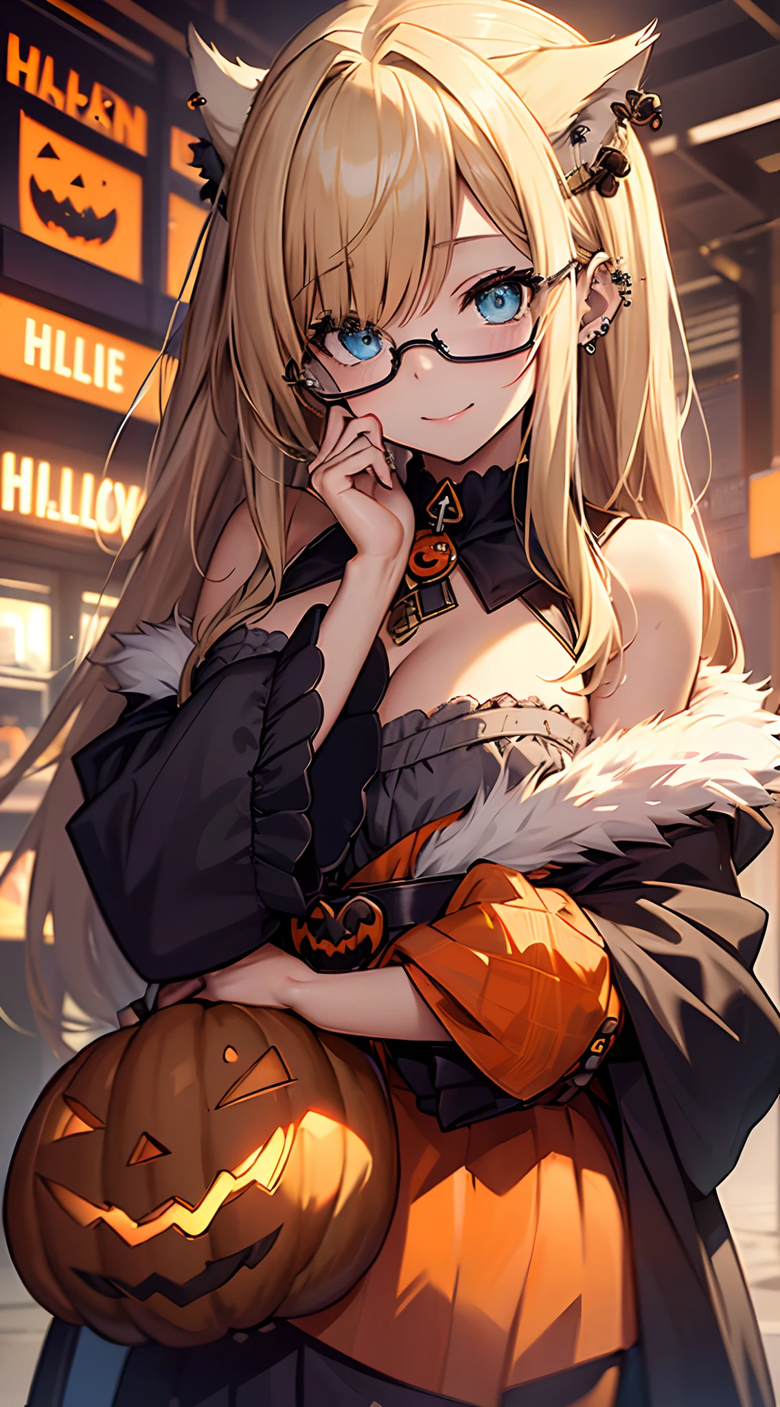 top-quality、Top image quality、in 8K,4K,masterpiece、(NSFW:1.2)、ultra-detailliert、Beautiful、ultra-quality、cute little、Style like a model、girl with(((18year old、Wolf Maiden、Halloween Costumes:1.3、Bust 92、a blond、Straight hair around the shoulders、Blue eyes、eye glass、Happiness、Ear-piercing)))、hiquality、visualart、Background with((Halloween:1.2))、masutepiece、bustup