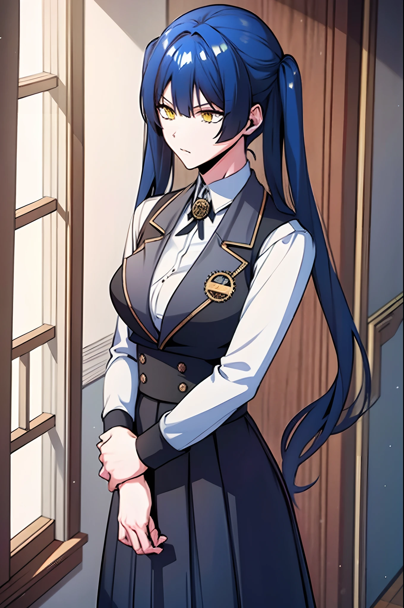 blue hair, yellow eyes, twintails, school uniform, shirt, very long skirt, suit