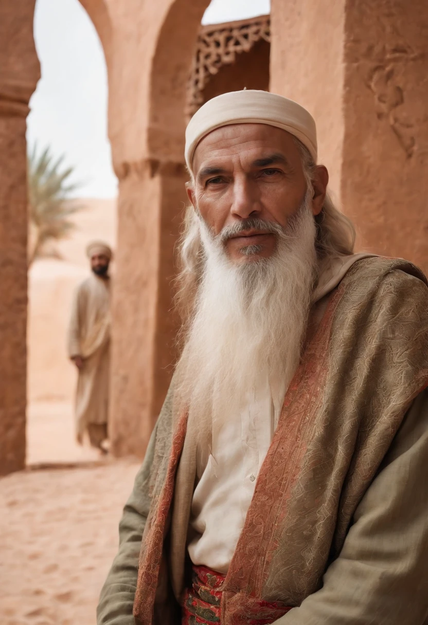 An old man, the leader of the protectors, with a long white beard and fair skin, fully dressed in Moroccan attire, is looking at the screen. High-quality, 4k resolution, ultra-detailed, and photo-realistic, capturing every intricate detail. The artwork resembles a traditional oil painting, with vivid colors and a palette reflecting the warm tones of the Moroccan desert. The lighting is soft but illuminates the man's face, showcasing the deep lines and wisdom etched on his features. Surrounding him, intricate patterns and ornaments showcase the rich Moroccan culture. The scene is set in a beautiful Moroccan garden, filled with lush foliage, blossoming flowers, and splashing water fountains. The garden creates a tranquil and serene atmosphere, enveloping the old man in a peaceful oasis.