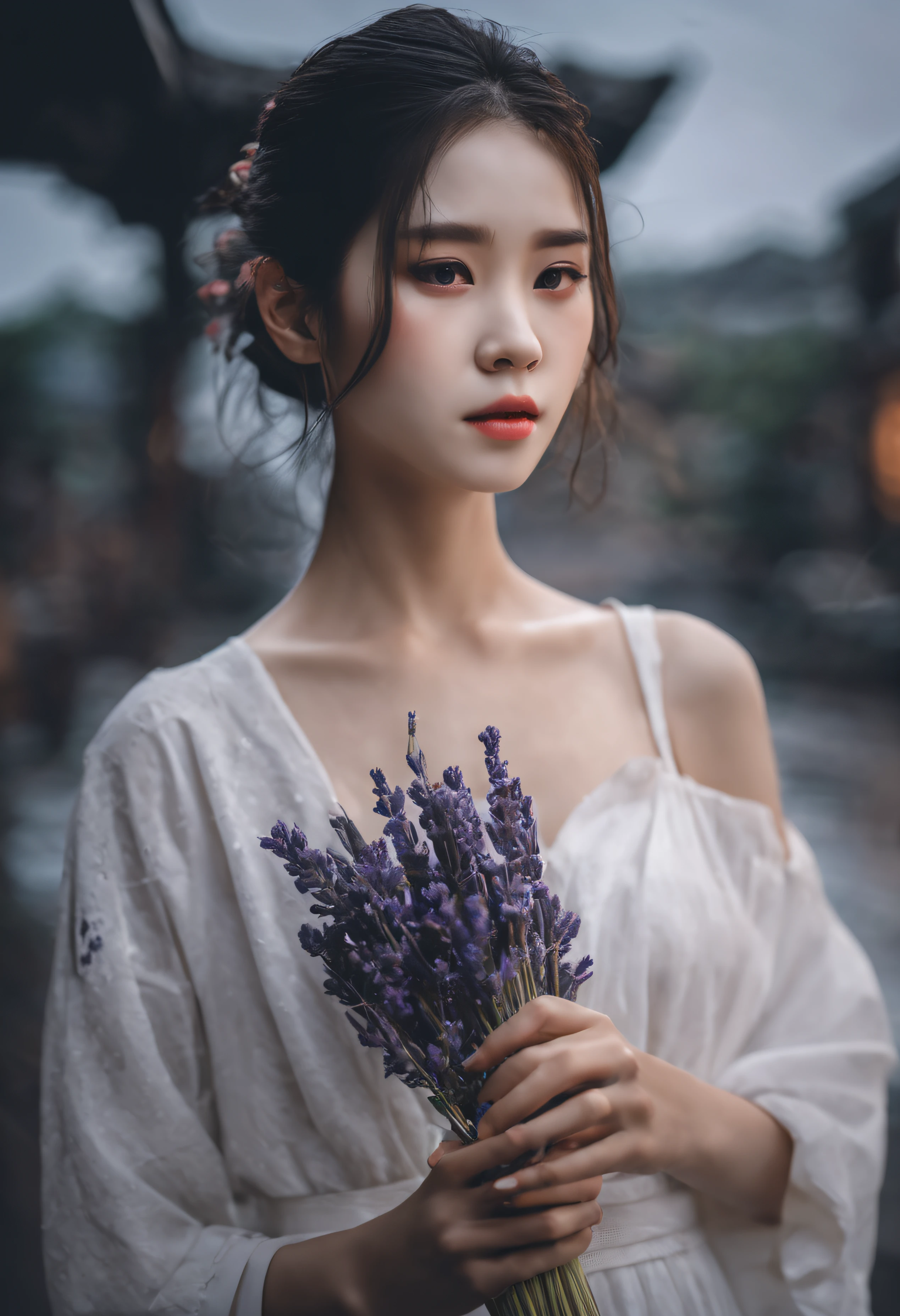 beautiful young Chinese girl, Impressive modern Asian beauty, sad eyes, tears, fragile beauty like a muse, gentle but affectionate, White, exquisitely harmonious pentatonic face, Cinematic beauty, daydreaming, Unforgettable one-time look, The girl smiled slightly, As beautiful as Monalisa's smile, There was a hint of sadness in his smile, Straw tears in the beautiful polyamorous eyes, long lanh, Girl in white dress, standing in light rain, Sparkling raindrops clung to the girl's long, lightly curly hair that was already wet, The delicate and elegant white dress drenched in rainwater clinging to her body, Highlight the shape of the body, She was as beautiful as a flower in the middle of a sad rainy day, The girl leaned back as if waiting for someone, It's heartbreaking. The girl stood in the middle of the road without a shadow, On both sides of the road, pots of lavender flowers spread out, a sad purple, Beautiful views and classics, rich in cinematography, as beautiful as the best love movie in the world