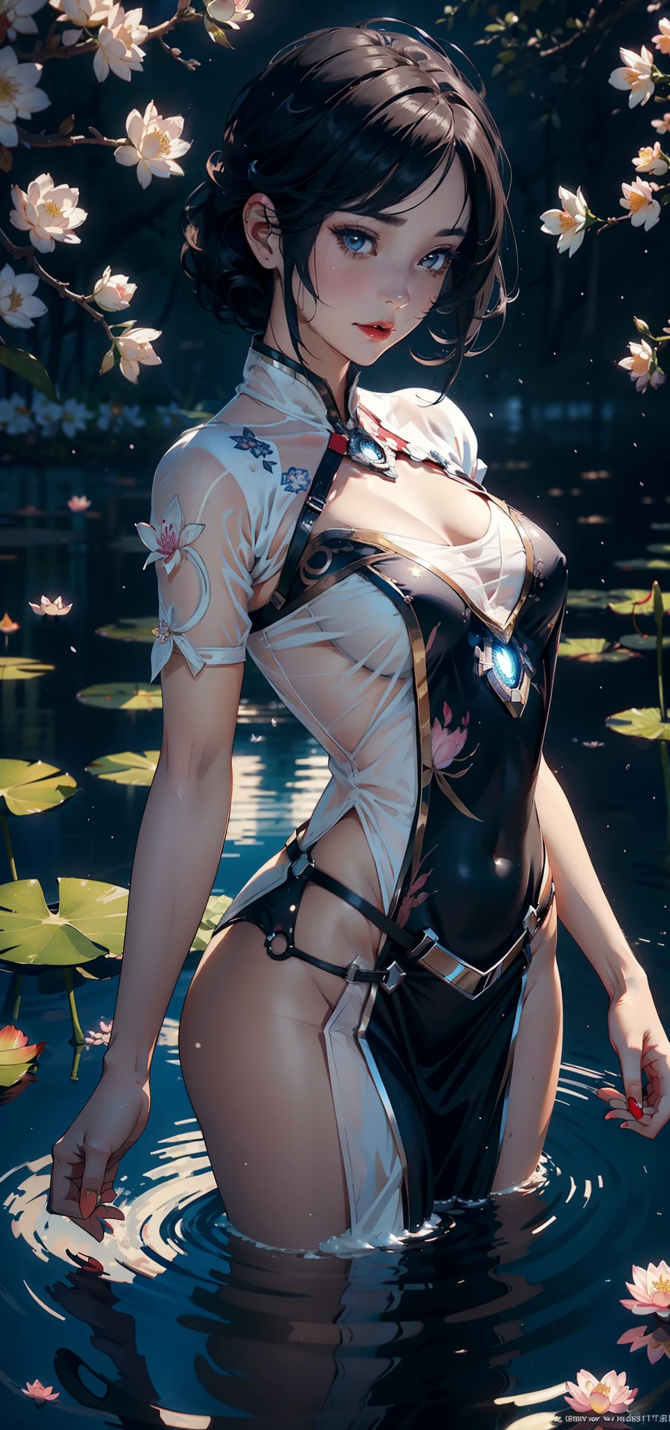 （Background with：ponds，Cherry blossom forest，lotus flower）Lie underwater， She has short black hair，seen from the front，， mostly cloudy sky，（（（tmasterpiece），（Very detailed CG unity 8K wallpaper），best qualtiy，cinmatic lighting，detailed back ground，beatiful detailed eyes，Bright pupils，Black eyes，Snow-whiteskin，Redlip（Very fine and beautiful），（Beautiful and detailed eye description），ultra - detailed，tmasterpiece，））facing at camera，A high resolution，ultra - detailed），revealing breasts，Bare genitalia，  Bulge，legs are open，Raised sexy，Camel toes，Desire for dissatisfaction，frontage，（Wearing：，Transparent maid outfit，Bare ，Transparent apron，Blue and white color scheme）Iron Man uniform