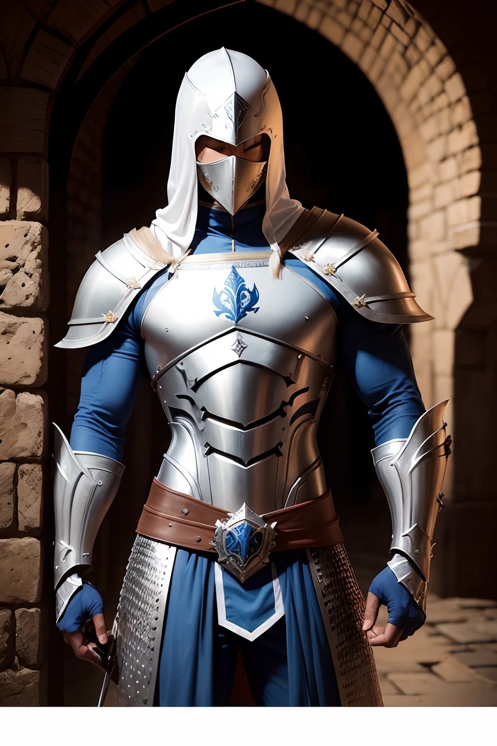 um homem, cavaleiro medieval, espada e armadura exageradas, armadura cinza e azul, cartoon