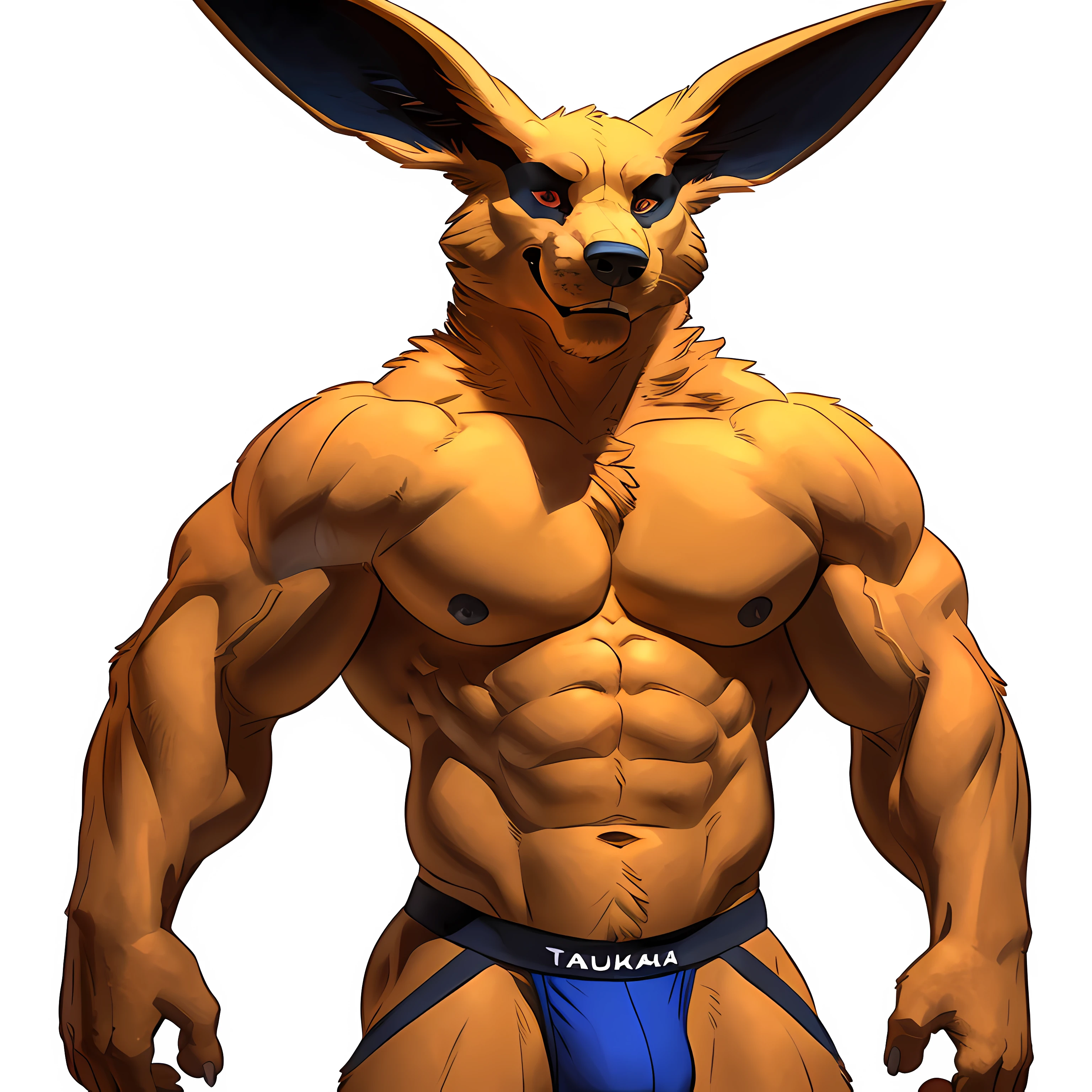 kurama, 4k, high resolution, best quality, posted on e621, solo, anthro body, male, adult, bare torso, very masculine, (very muscular, well defined muscles, strong pectorals, pecs, muscular arms, muscular legs, heavyweight:1.2), correct anatomy, (white background, no background:1.2), (by wfa:1.0), (by spelunker_sal:1.0), (by taran fiddler:1.0), (jockstrap:1.0), (detailed eyes:1.2), (cel shaded, flat coloring, cartoony coloring, flat colors:1.2), confident, proud, (half body:1.1), strong pose