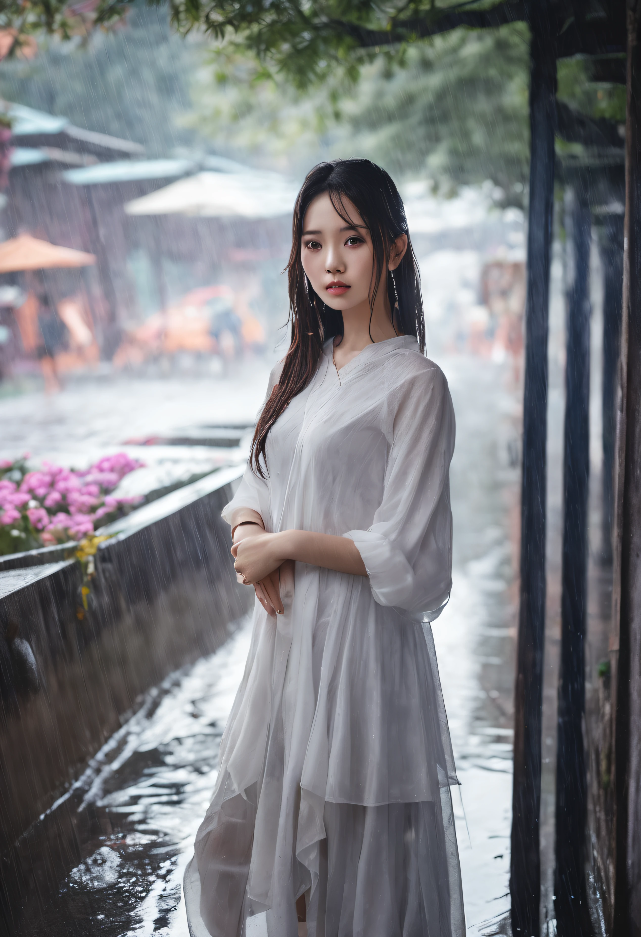 beautiful young Chinese girl, Impressive modern Asian beauty, sad eyes, tears, fragile beauty like a muse, gentle but affectionate, White, exquisitely harmonious pentatonic face, Cinematic beauty, daydreaming, Unforgettable one-time look, The girl smiled slightly, As beautiful as Monalisa's smile, There was a hint of sadness in his smile, Straw tears in the beautiful polyamorous eyes, long lanh, Girl in white dress, standing in light rain, Sparkling raindrops clung to the girl's long, lightly curly hair that was already wet, The delicate and elegant white dress drenched in rainwater clinging to her body, Highlight the shape of the body, She was as beautiful as a flower in the middle of a sad rainy day, The girl leaned back as if waiting for someone, It's heartbreaking. The girl stood in the middle of the road without a shadow, On both sides of the road, pots of lavender flowers spread out, a sad purple, Beautiful views and classics, rich in cinematography, as beautiful as the best love movie in the world