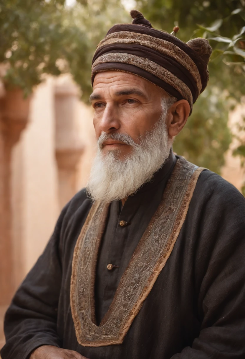 old man, Protector leader, With a long white beard and fair skin, Dressed in full Moroccan dress, Looking at the screen. highs quality, A 4K resolution, A highly detailed, and realistic pictures, Capture every intricate detail. The artwork resembles a traditional oil painting, With bright colors and a palette that reflects the warm colors of the Moroccan Sahara. The lighting is soft but illuminates the man's face, Display the deep lines and wisdom engraved on his features. surrounding him, Intricate patterns and motifs highlight Morocco's rich culture. The scene is set in a beautiful Moroccan garden, Filled with lush foliage, Blooming flowers, Water fountains workshops. The garden creates a calm and calm atmosphere, The old man wraps in a peaceful oasis.