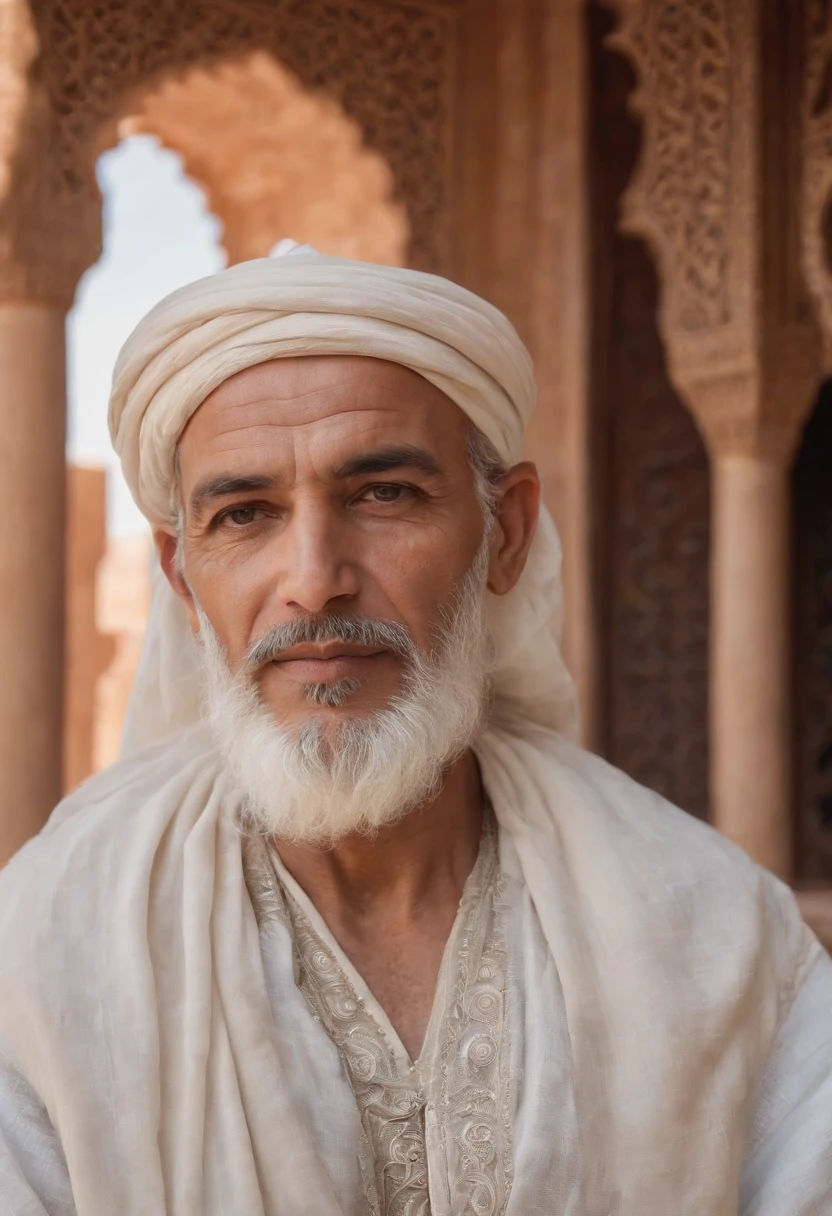 old man, Protector leader, With a long white beard and fair skin, Dressed in full Moroccan dress, Looking at the screen. highs quality, A 4K resolution, A highly detailed, and realistic pictures, Capture every intricate detail. The artwork resembles a traditional oil painting, With bright colors and a palette that reflects the warm colors of the Moroccan Sahara. The lighting is soft but illuminates the man's face, Display the deep lines and wisdom engraved on his features. surrounding him, Intricate patterns and motifs highlight Morocco's rich culture. The scene is set in a beautiful Moroccan garden, Filled with lush foliage, Blooming flowers, Water fountains workshops. The garden creates a calm and calm atmosphere, The old man wraps in a peaceful oasis.