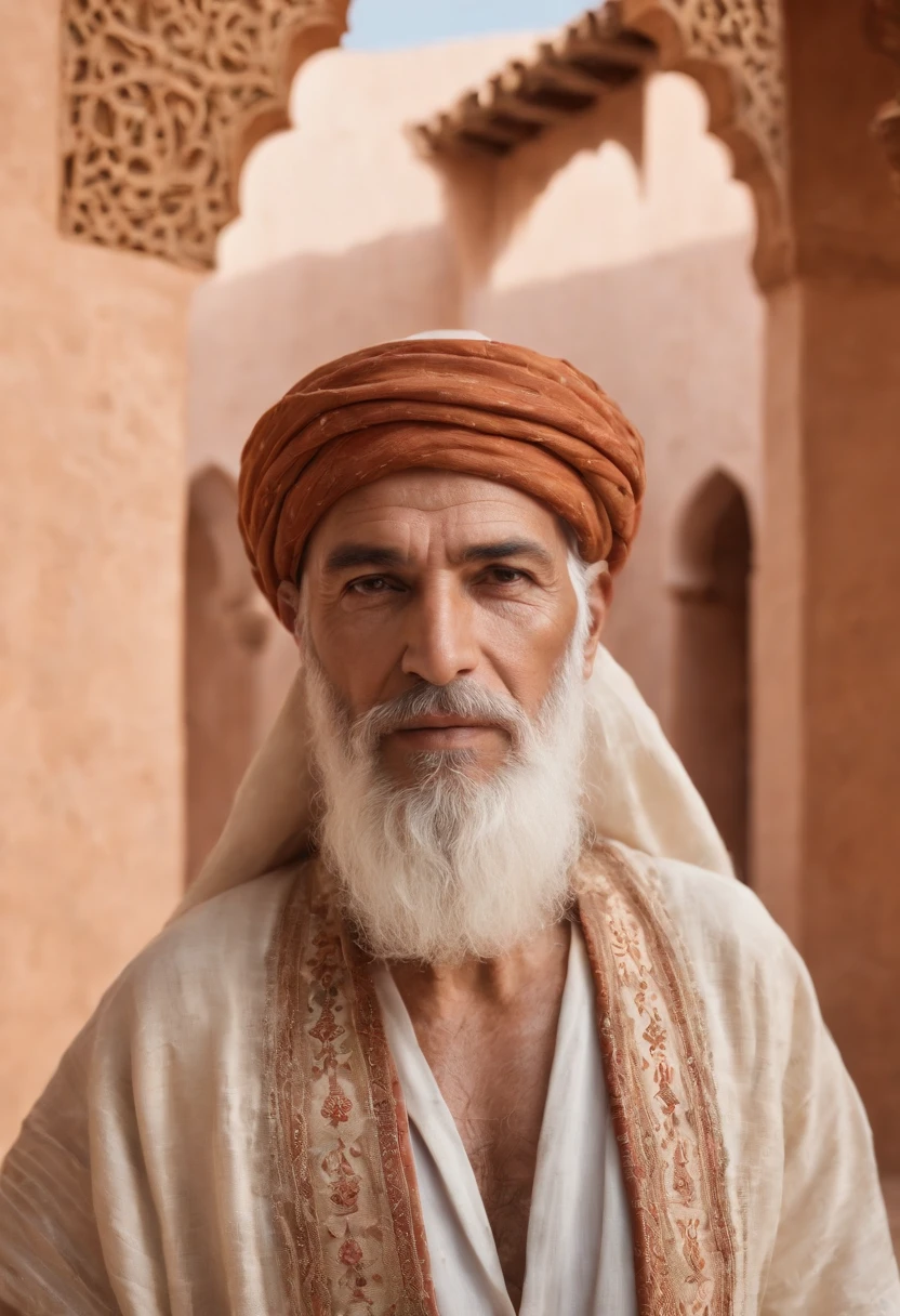 old man, Protector leader, With a long white beard and fair skin, Dressed in full Moroccan dress, Looking at the screen. highs quality, A 4K resolution, A highly detailed, and realistic pictures, Capture every intricate detail. The artwork resembles a traditional oil painting, With bright colors and a palette that reflects the warm colors of the Moroccan Sahara. The lighting is soft but illuminates the man's face, Display the deep lines and wisdom engraved on his features. surrounding him, Intricate patterns and motifs highlight Morocco's rich culture. The scene is set in a beautiful Moroccan garden, Filled with lush foliage, Blooming flowers, Water fountains workshops. The garden creates a calm and calm atmosphere, The old man wraps in a peaceful oasis.