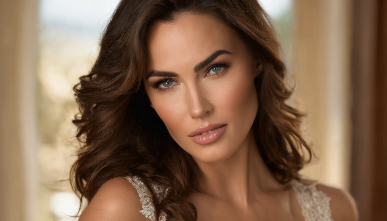 professionnel, (Photo 4K:1.1) (mise au point nette:1.3), High detail, Porter (Chemise moulante:1.2), beautifull detailed face, hispanique, An attractive woman with long brown hair looks at the camera, resembling actress Megan Fox, Panasonic Lumix S Pro 50mm F/1.4, , photo realist, (attractive young woman:1.3), (Seductive:1.1), (rougissant:1.1), Forme du corps du sablier, Gros seins ronds, T-top