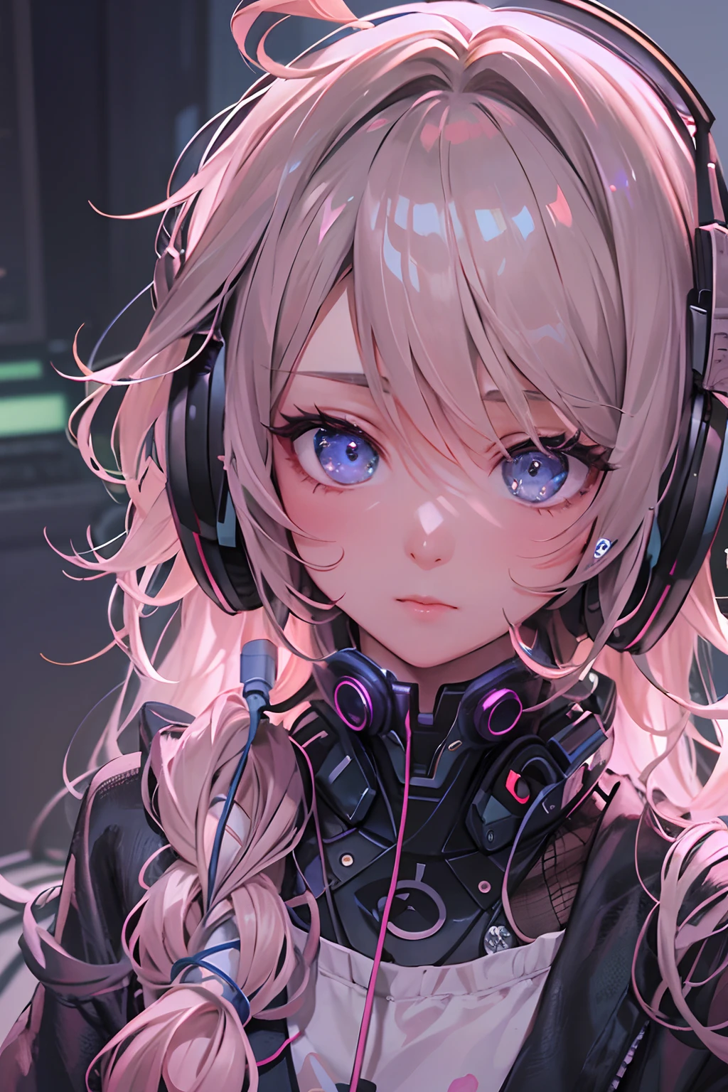 ​masterpiece, 1 beautiful girl, Detailed eye, Swollen eyes, top-quality, 超A high resolution, (reality: 1.4), 电影灯光, japanes, a asian beauty, very extremely beautiful, lovely、Beautiful skins, A slender, Forward-facing body, (A hyper-realistic), (hight resolution), (8K), (ighly detailed), ( Best Illustration), (beautifully detailed eyes), (ultra-detailliert), 详细的脸, Bright lighting, Professional Lighting、The background is a cyberpunk room with many monitors............、The cord is connected from the costume、Long Hair Color Pink、headset on head、small tattoo on face、nffsw、gazing at viewer