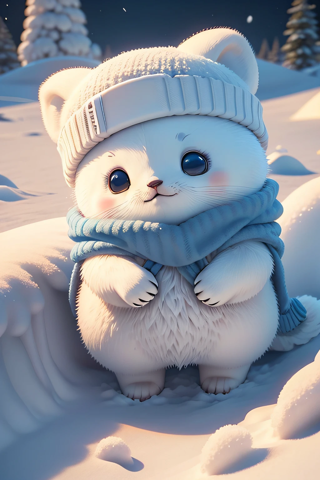 cute harp seal with fluffy fur wearing a snapback hat, lying flat down in snow, head and body covered in a pile of snow, snowing in the arctic, vivid colors, 3d render, bright lighting, vivid colors, grinning from ear to ear,