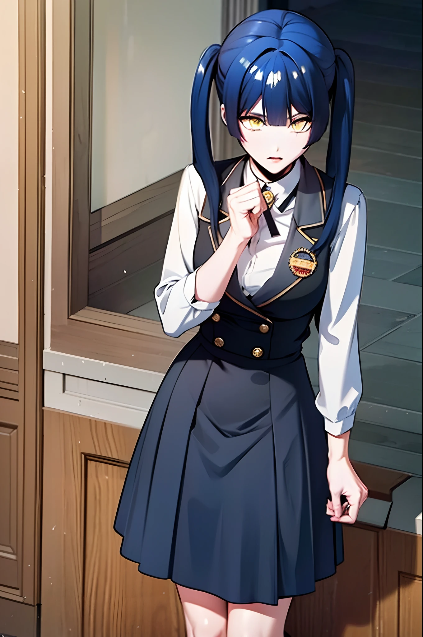 blue hair, yellow eyes, twintails, school uniform, shirt, very long skirt, suit