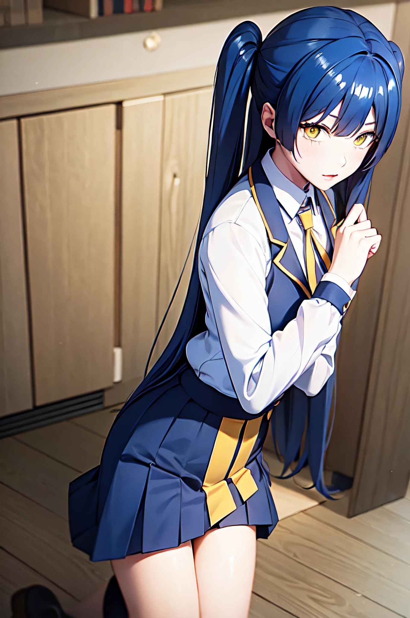 blue hair, yellow eyes, twintails, school uniform, shirt, very long skirt, suit