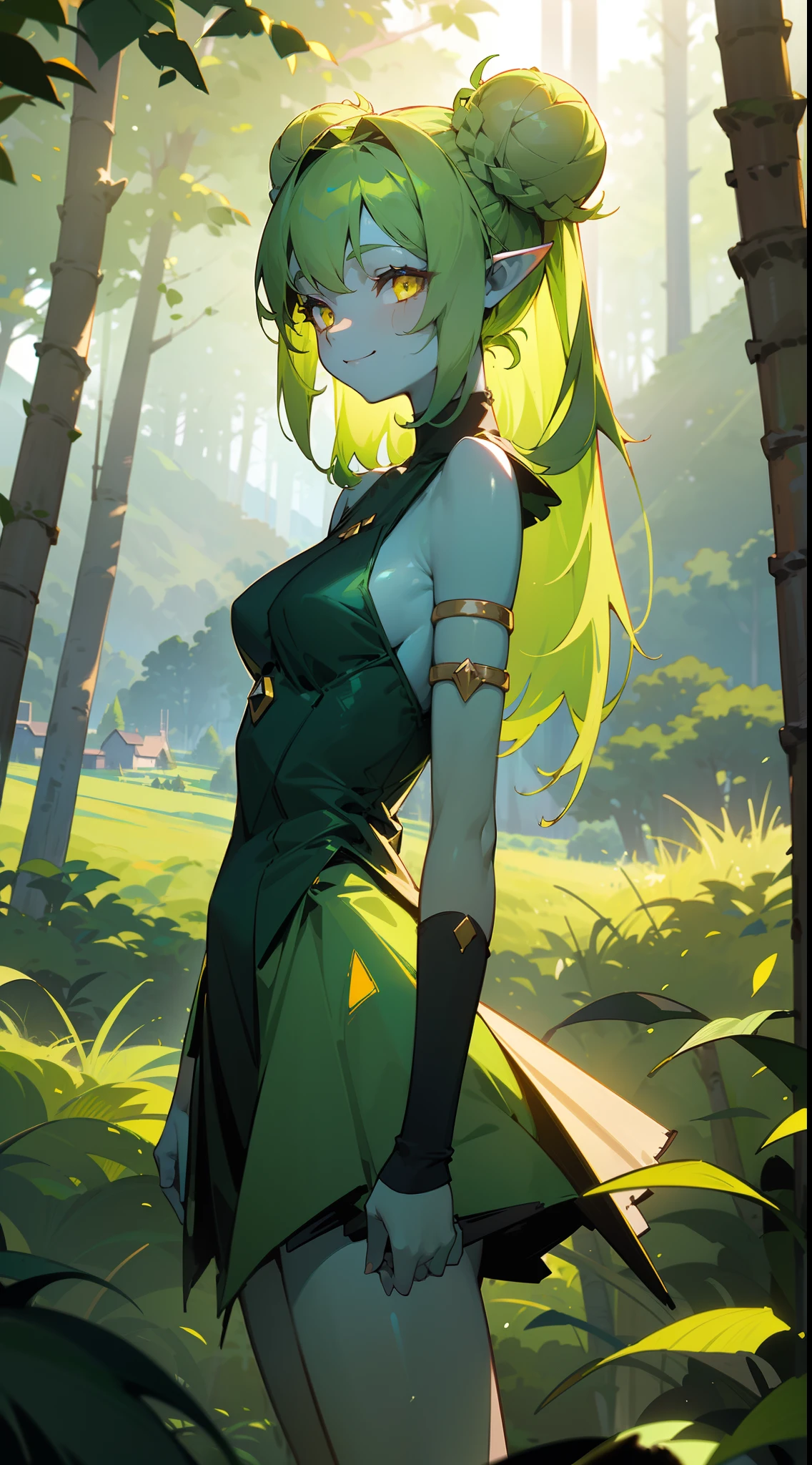 1girl,solo,((green skin,colored skin)),medium breasts,green hair,(long hair),double bun,pointy ears,yellow eyes, green little dress,sleevess,bare thighs,smile,(standing,forest,houses in the background forest, lakes, mountains,sunlight), cowboy shot