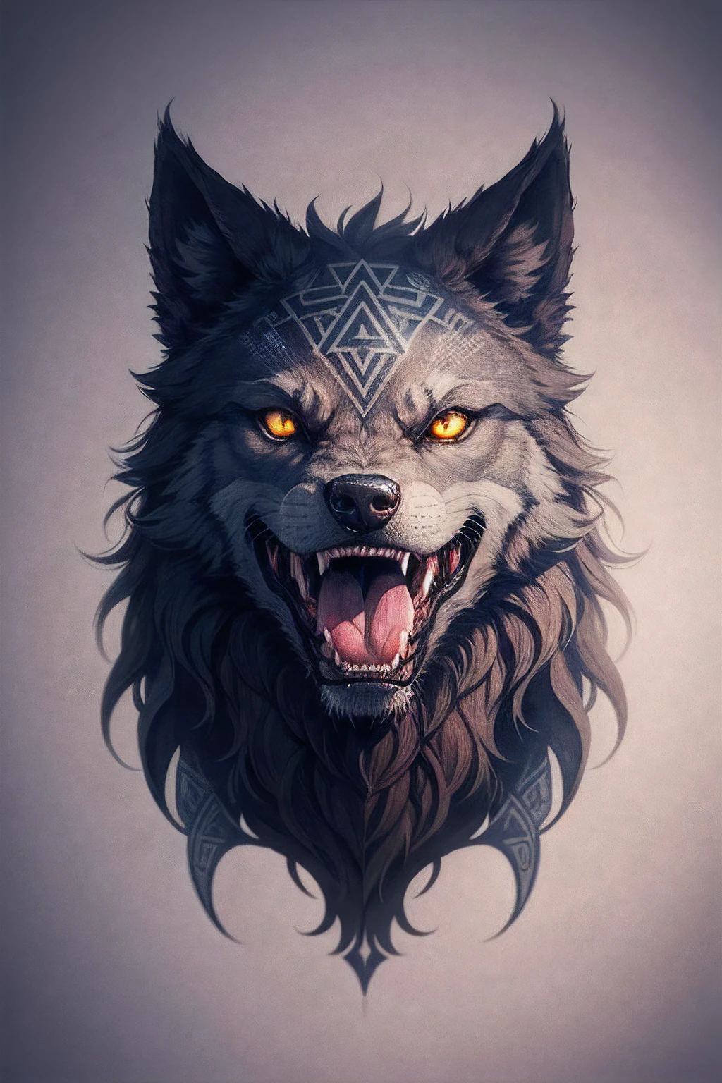 tattoo sketch, Open-mouthed fenrir, in the mouth - a sign of Valknut, In the throat is the Scandinavian triangle