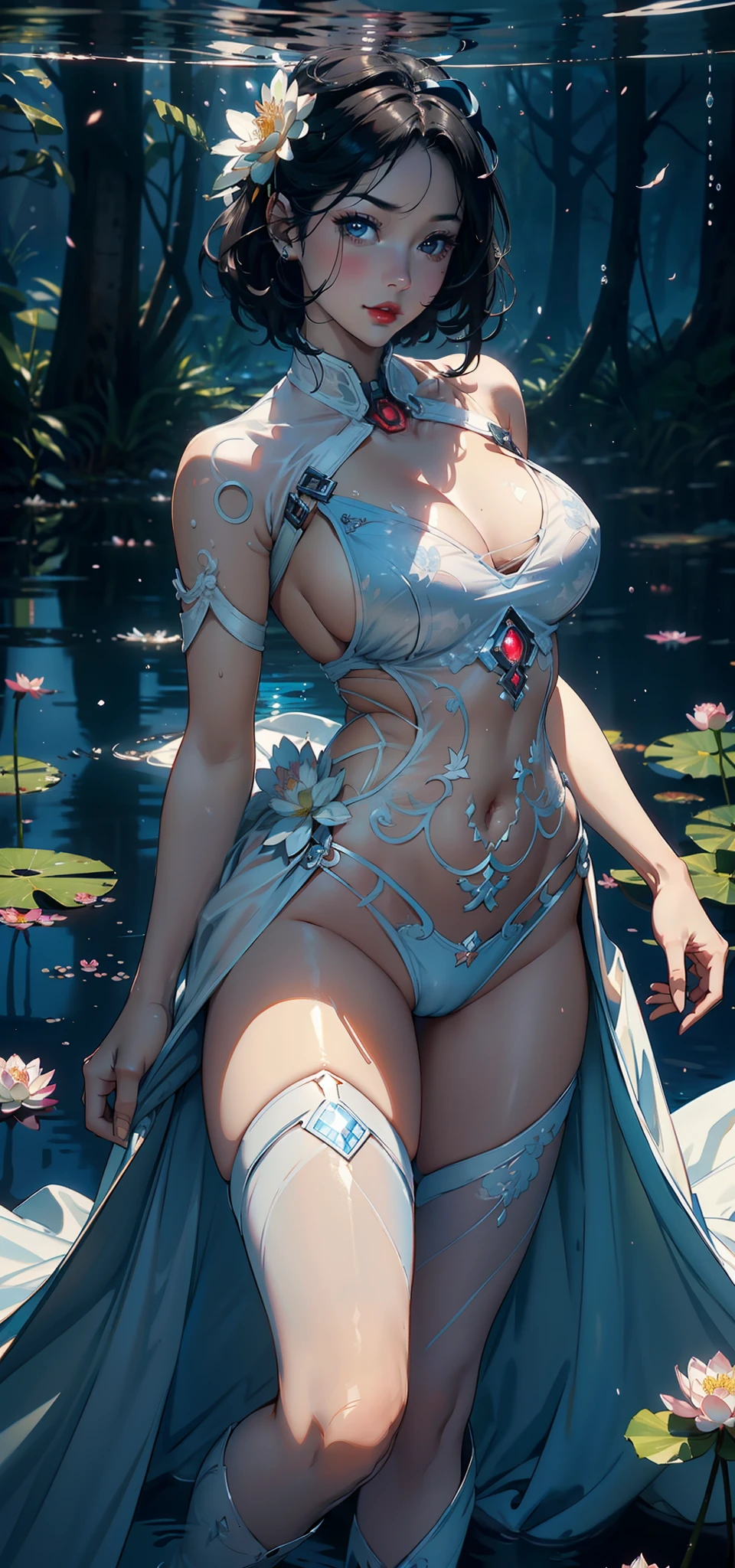 (Background with:ponds,Cherry blossom forest,lotus flower)Lie underwater, She has short black hair,seen from the front,, mostly cloudy sky,(((tmasterpiece),(Very detailed CG unity 8K wallpaper),best qualtiy,cinmatic lighting,detailed back ground,beatiful detailed eyes,Bright pupils,Black eyes,Snow-whiteskin,Redlip(Very fine and beautiful),(Beautiful and detailed eye description),ultra - detailed,tmasterpiece,))facing at camera,A high resolution,ultra - detailed),revealing breasts,Bare genitalia, Bulge,legs are open,Raised sexy,Camel toes,Desire for dissatisfaction,frontage,(Wearing:,Transparent maid outfit,Bare ,Transparent apron,Blue and white color scheme)Iron Man Mech
