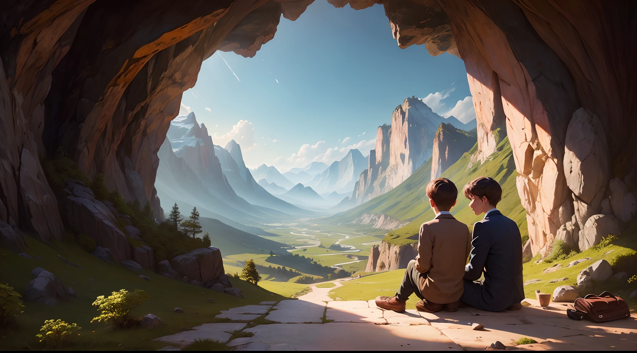 A young boy and a old philosopher sitting under old tree,wearing smart dress,behind mountain landscape with a cave .focus on their face infront,telling story,oil painting