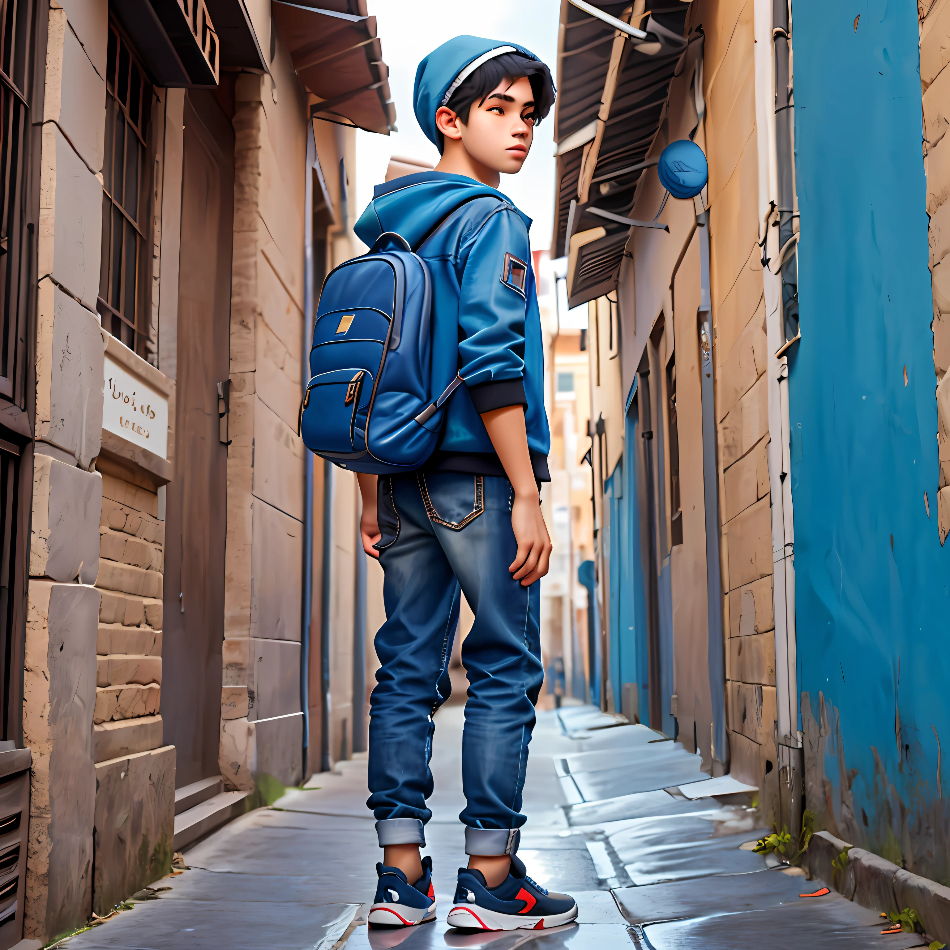 um menino jovem, Seu cabelo, bonnet, kalap, tom preto com mechas azul escuro, roupas leves, mochila, livros, corpo inteiro, The background is filled with a school theme, Urbano.