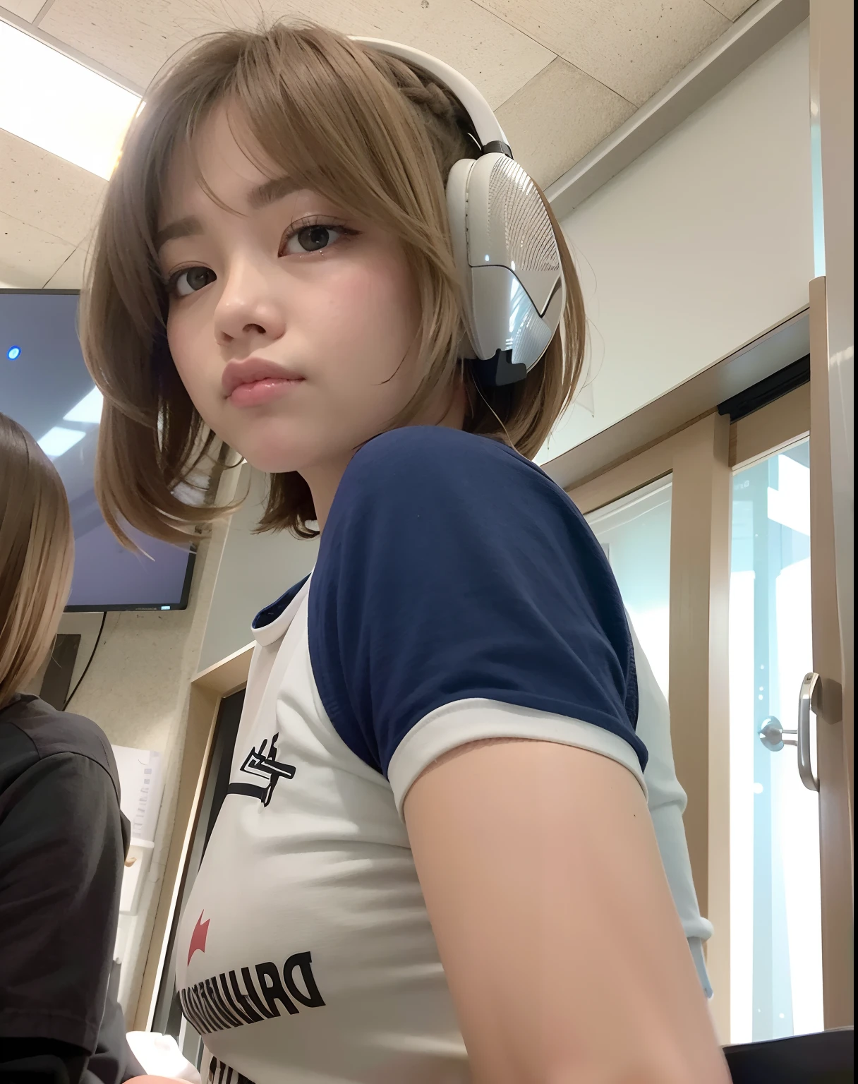 There's a young woman wearing headphones sitting at a table, com cabelos curtos, Ulzzang, Jinyoung Canela, Jaeyeon Nam, O corte Hime, Lalisa Manobal, Heonhwa Choe,  coreana, 韓国アイドル, com franja, Sakimichan, Chiho, Lalisa Manoban do Blackpink, branco hime corte penteado