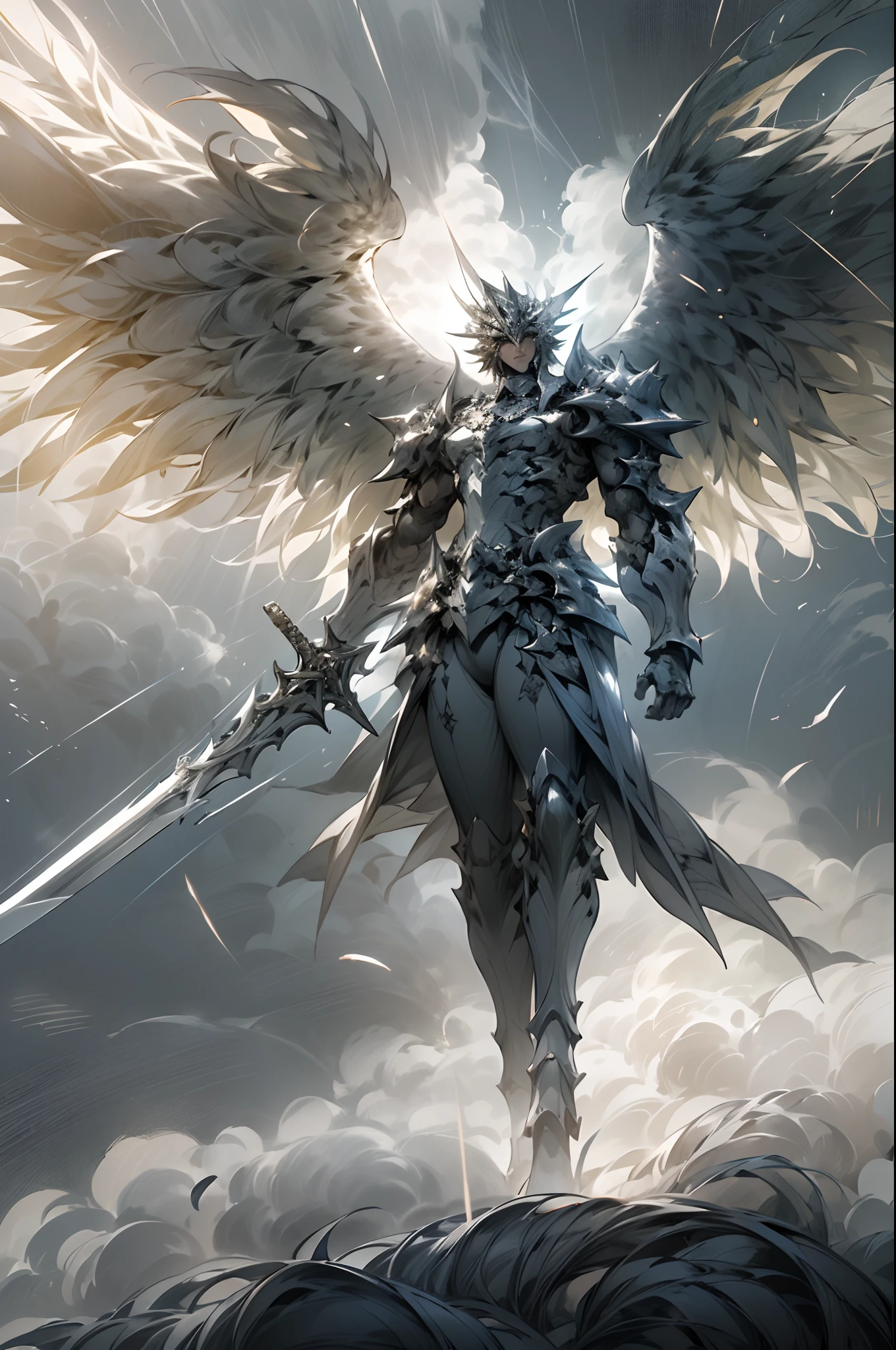 masterpiece, highly detailed CG unified 8K wallpapers, 8k uhd, dslr, high quality, clean, ((a dark angel in a mechanical armor with wings, godly aura, floating in the air, descending from the sky)), rainy, dark night, lightning, dramatic scene, cinematic lighting, ultra-high resolution, ultra-high detailed, high-definition,