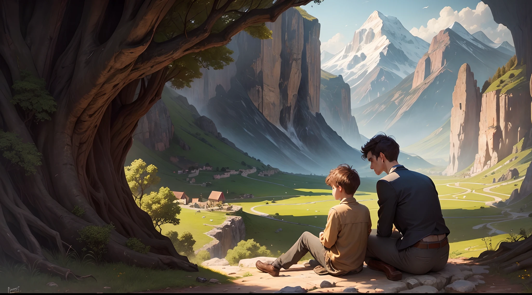 A young boy and a old philosopher sitting under old tree,wearing smart dress,behind mountain landscape with a cave .focus on their face infront,telling story,oil painting
