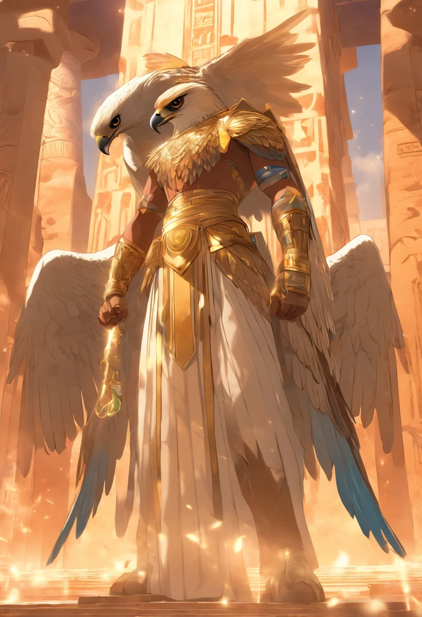 (((Man's body and falcon's head))) best quality, very high resolution, 4K detailed CG, master piece, Egyptian mythology,Atum-Ra, sun in the background,Ancient Egypt, standing pose, bird head, white clothes , Egyptian clothing, Egyptian temple, desert, Ancient Egypt, ((Falcon's head, man's body)), Egyptian palace, aesthetics, Beautiful image, centered on the screen, standing pose