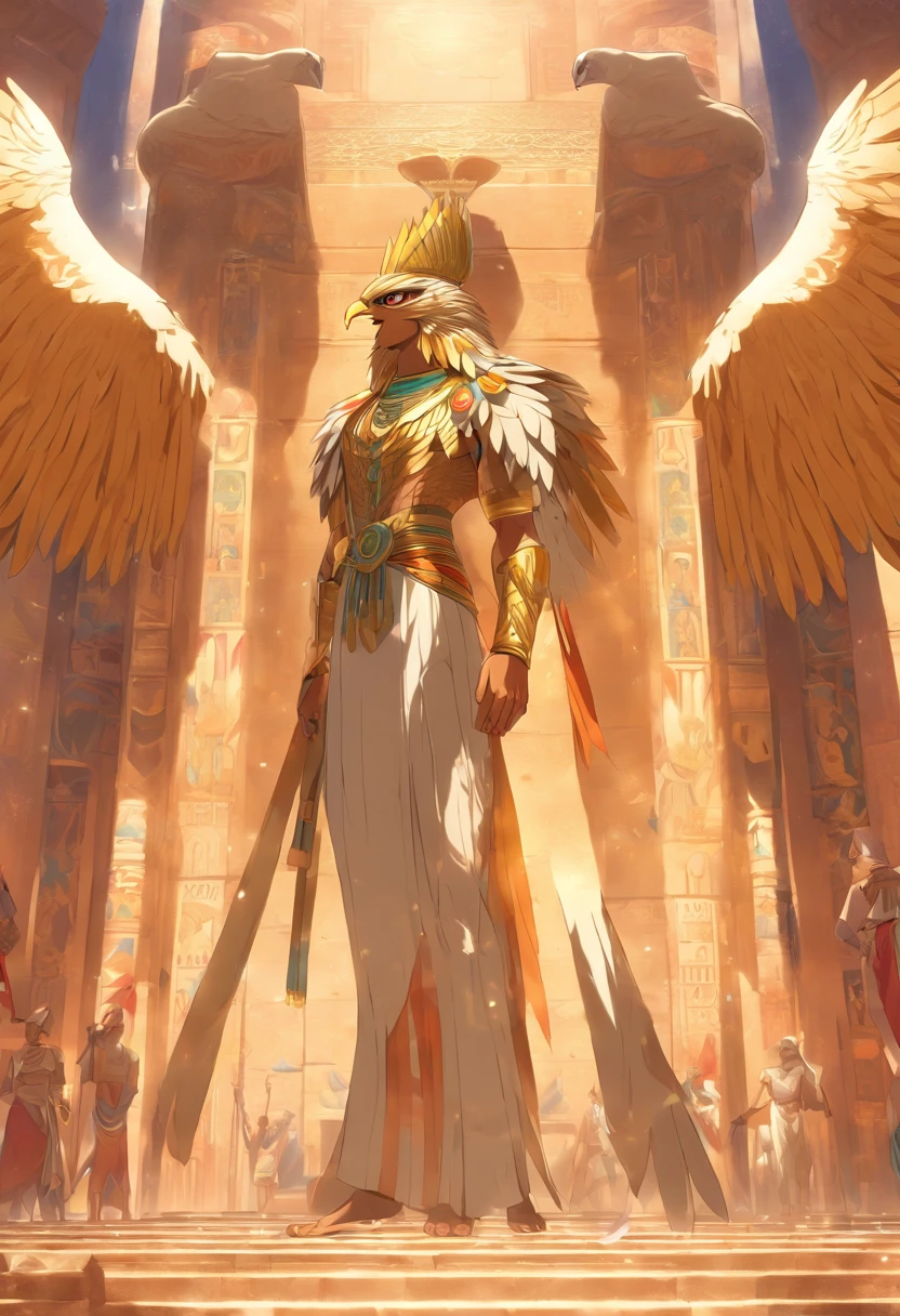 (((Man's body and falcon's head))) best quality, very high resolution, 4K detailed CG, master piece, Egyptian mythology,Atum-Ra, sun in the background,Ancient Egypt, standing pose, bird head, white clothes , Egyptian clothing, Egyptian temple, desert, Ancient Egypt, ((Falcon's head, man's body)), Egyptian palace, aesthetics, Beautiful image, centered on the screen, standing pose