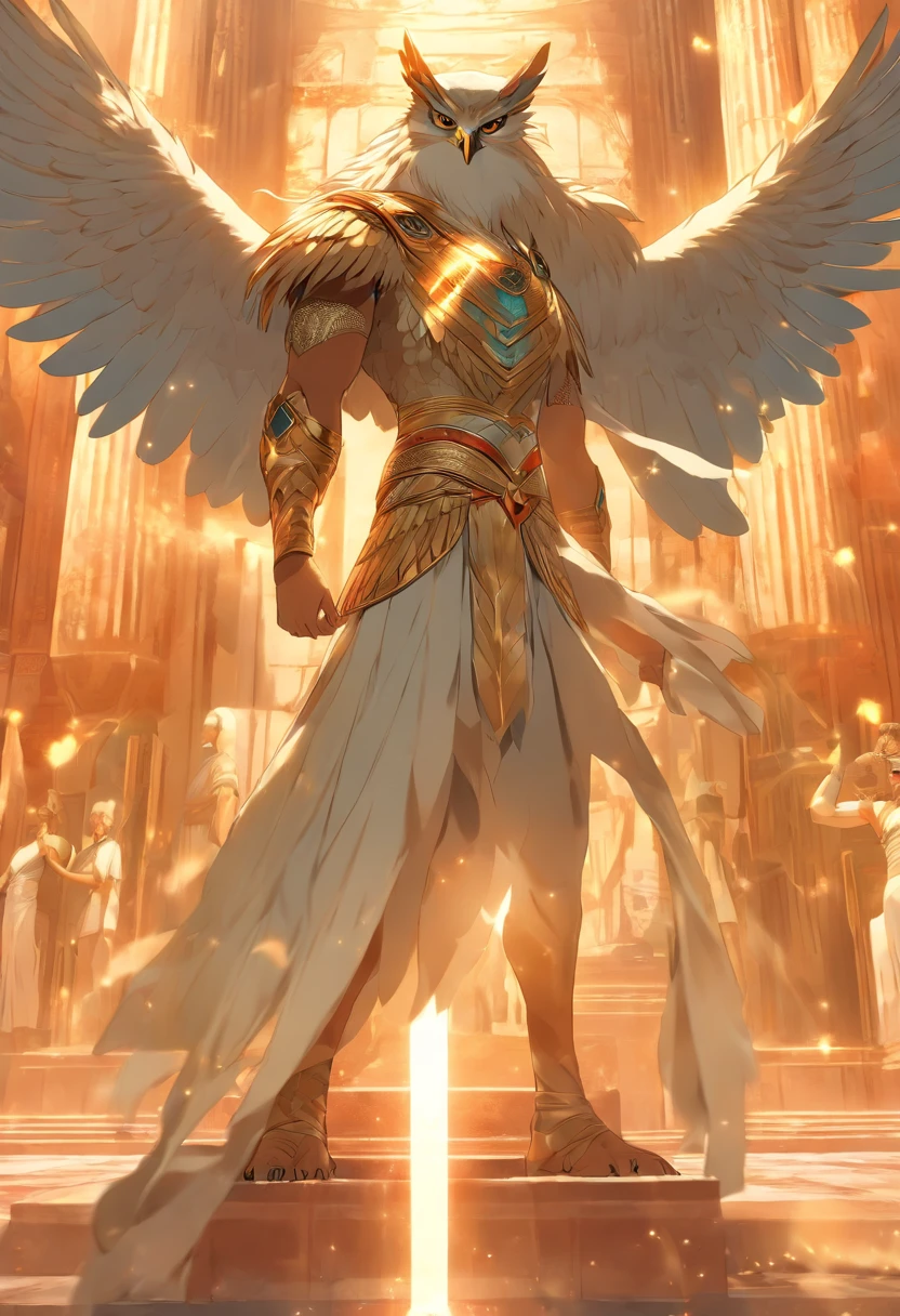 (((Man's body and falcon's head))) best quality, very high resolution, 4K detailed CG, master piece, Egyptian mythology,Atum-Ra, sun in the background,Ancient Egypt, standing pose, bird head, white clothes , Egyptian clothing, Egyptian temple, desert, Ancient Egypt, ((Falcon's head, man's body)), Egyptian palace, aesthetics, Beautiful image, centered on the screen, standing pose