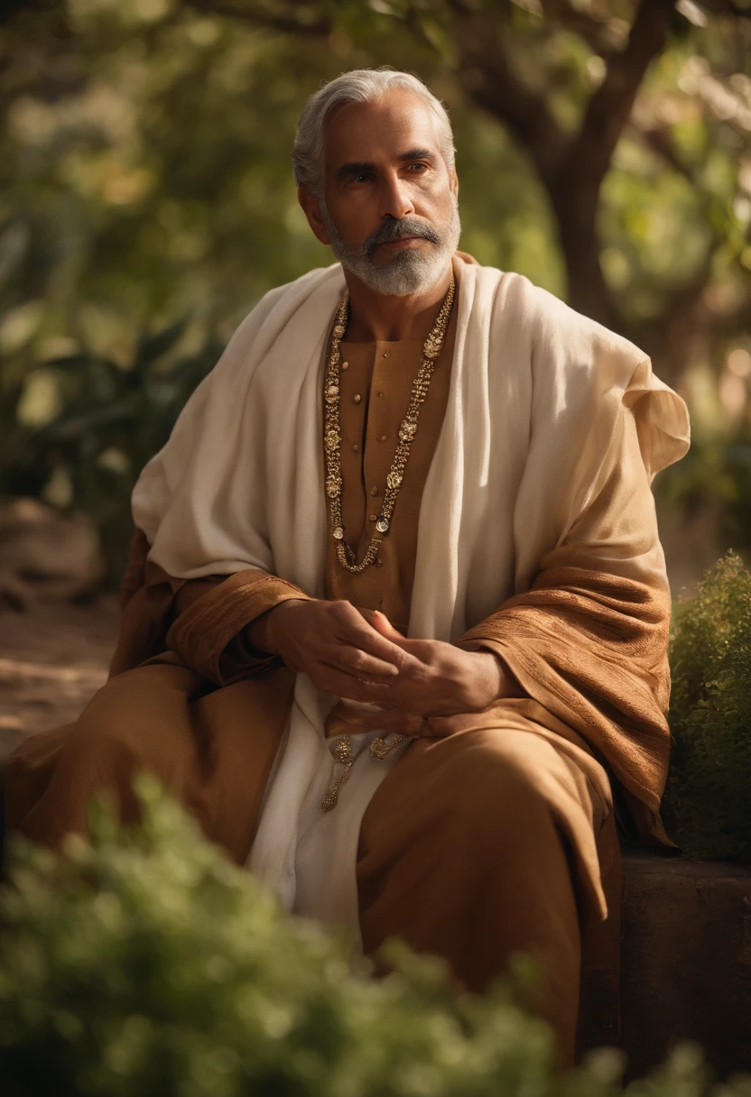 (best quality,8k,photo-realistic:1.2),realistic detailed depiction of Abraão (Abraham in English), the Father of Nations, with a serene expression, wearing traditional biblical clothing. Abraão's eyes should be beautifully detailed and captivating, with a sense of wisdom and depth. His lips should be carefully portrayed, showing a hint of a smile. The depiction should include a peaceful and harmonious garden setting, with vibrant flowers and lush greenery. The lighting should be soft and gentle, casting a warm glow on Abraão's face. There should be a pure white dove, symbolizing peace and spirituality, gently perched on his shoulder.