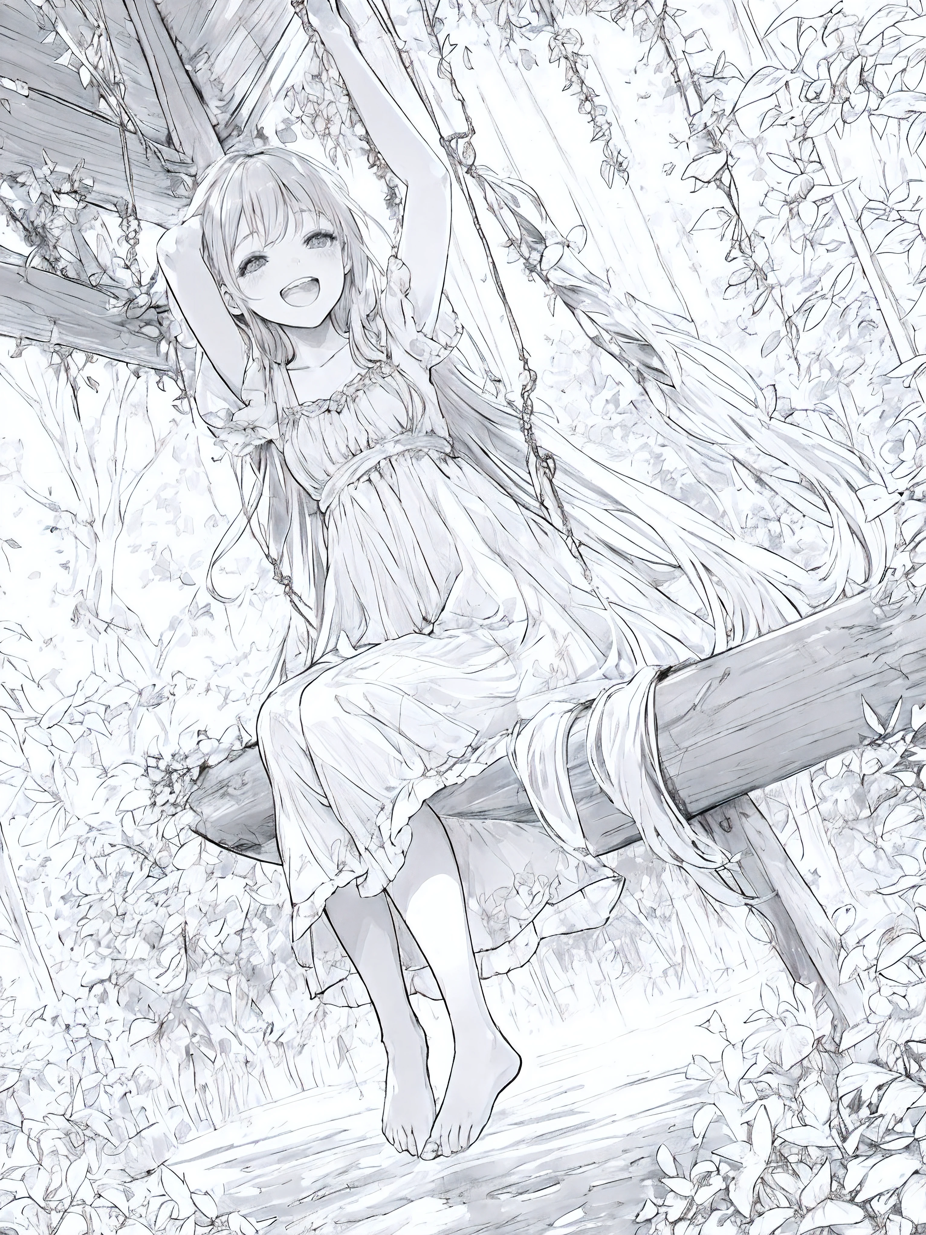 (Line Art,monochromesketch,Pencil drawing,traditional media:0.9), 1girl, vibrant, joyful,gardens,nature,soft sunlight,leaves swaying,summer dress,flowing hair,bare feet,laughter,playfulness,blissful expression,dreamy atmosphere,impressionistic style,1girl,swing