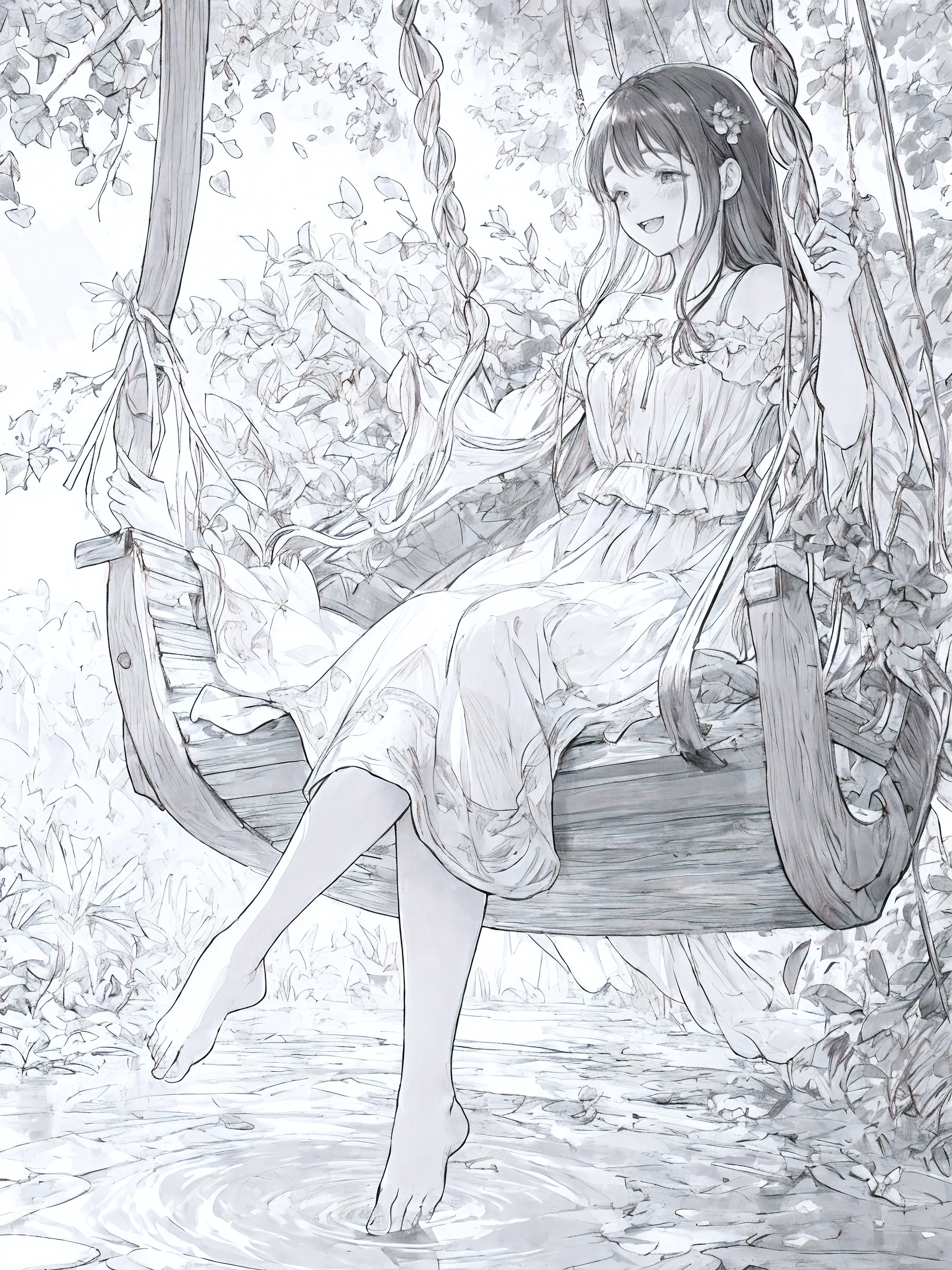 (Line Art,monochromesketch,Pencil drawing,traditional media:0.9), 1girl, vibrant, joyful,gardens,nature,soft sunlight,leaves swaying,summer dress,flowing hair,bare feet,laughter,playfulness,blissful expression,dreamy atmosphere,impressionistic style,1girl,swing