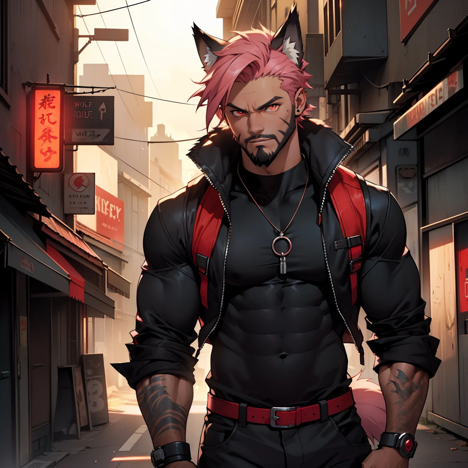 slim build young male with short beard and short cropped pink hair, has dark tanned, has light body hair, ((has wolf ears, has wolf tail)), solo, alone, has glowing red eyes, he is in an urban fantasy environment that is gritty and grungy