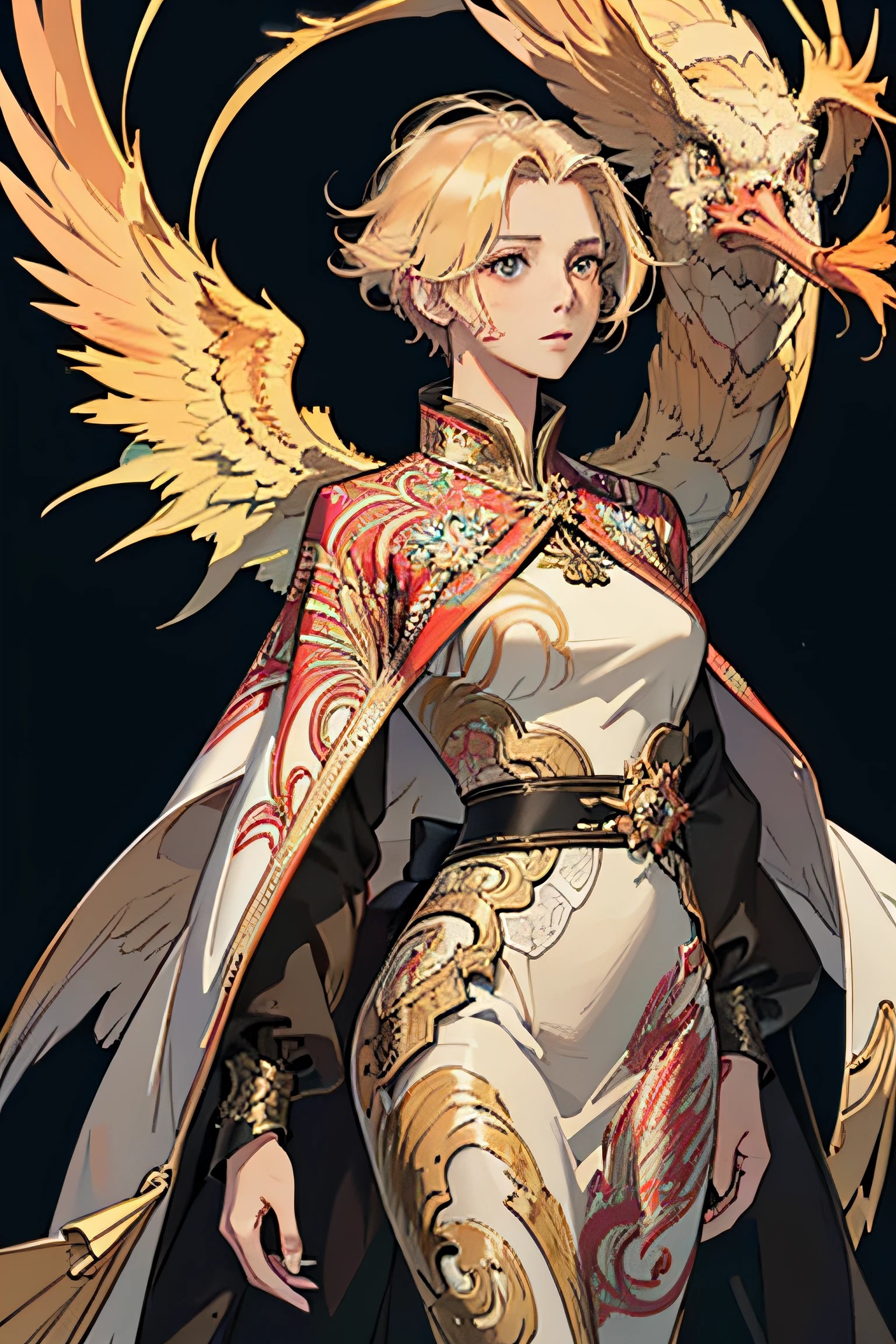 realistic, (masterpiece, top quality, best quality, official art, beautiful and aesthetic:1.2), extremely detailed,fractal art,colorful,highest detailed,zentangle,(abstract background:1.3) solo mature female , tall well build girl, (golden phoenix), blonde hair, bright eyes,hair slicked back, short hair, black robe,