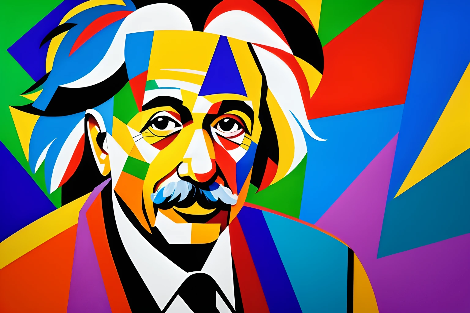 A portrait of Albert Einstein in a cubist style, with geometric shapes and bold colors. The portrait should have a flat, two-dimensional appearance, with no attempt at realism. The composition should be fragmented, with the subject broken up into multiple planes of color and shape. The texture should be smooth and flat, with no visible brushstrokes. The style should be abstract. The artists that are related to this style are: 1. Pablo Picasso 2. Georges Braque.
