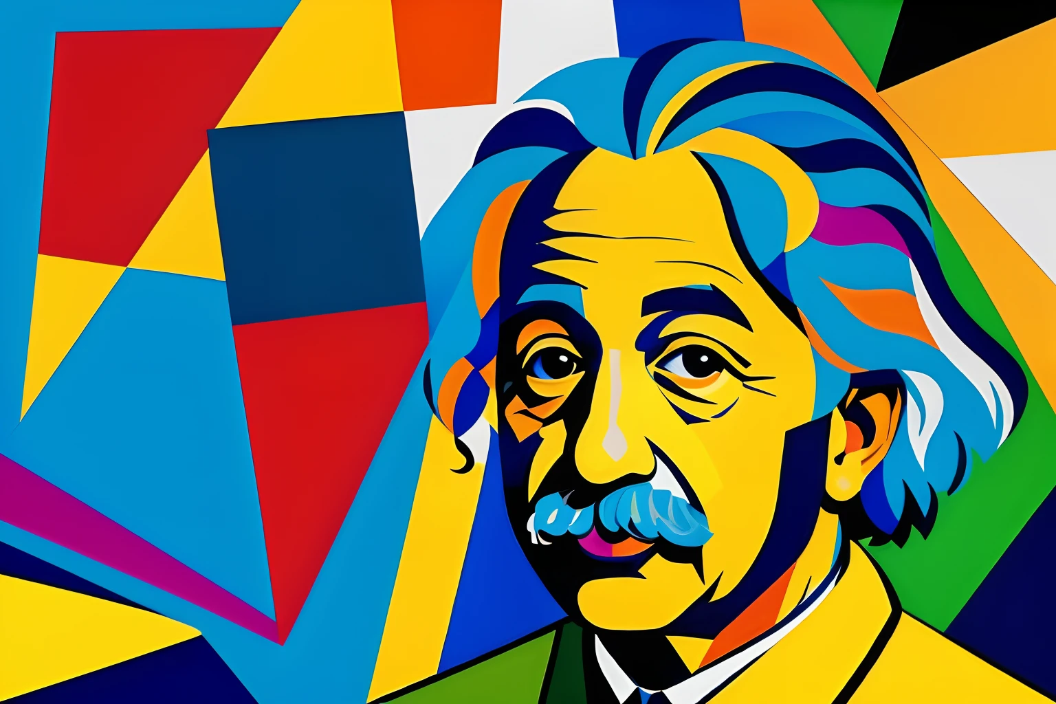 A portrait of Albert Einstein in a cubist style, with geometric shapes and bold colors. The portrait should have a flat, two-dimensional appearance, with no attempt at realism. The composition should be fragmented, with the subject broken up into multiple planes of color and shape. The texture should be smooth and flat, with no visible brushstrokes. The style should be abstract. The artists that are related to this style are: 1. Pablo Picasso 2. Georges Braque.