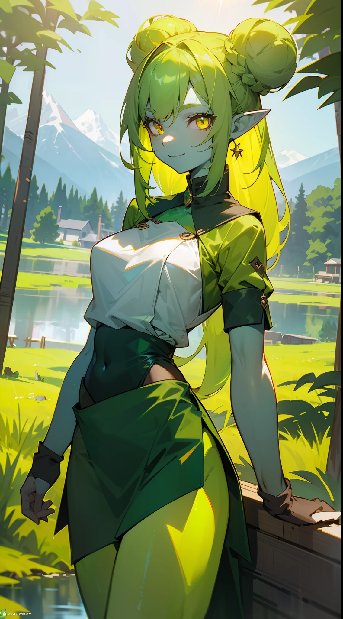 1girl,solo,((green skin,colored skin)),medium breasts,green hair,(long hair),double bun,pointy ears,yellow eyes, green shirt,green skirt,sleevess,bare thighs,smile,(standing,forest,houses, lakes, mountains,sunlight), cowboy shot