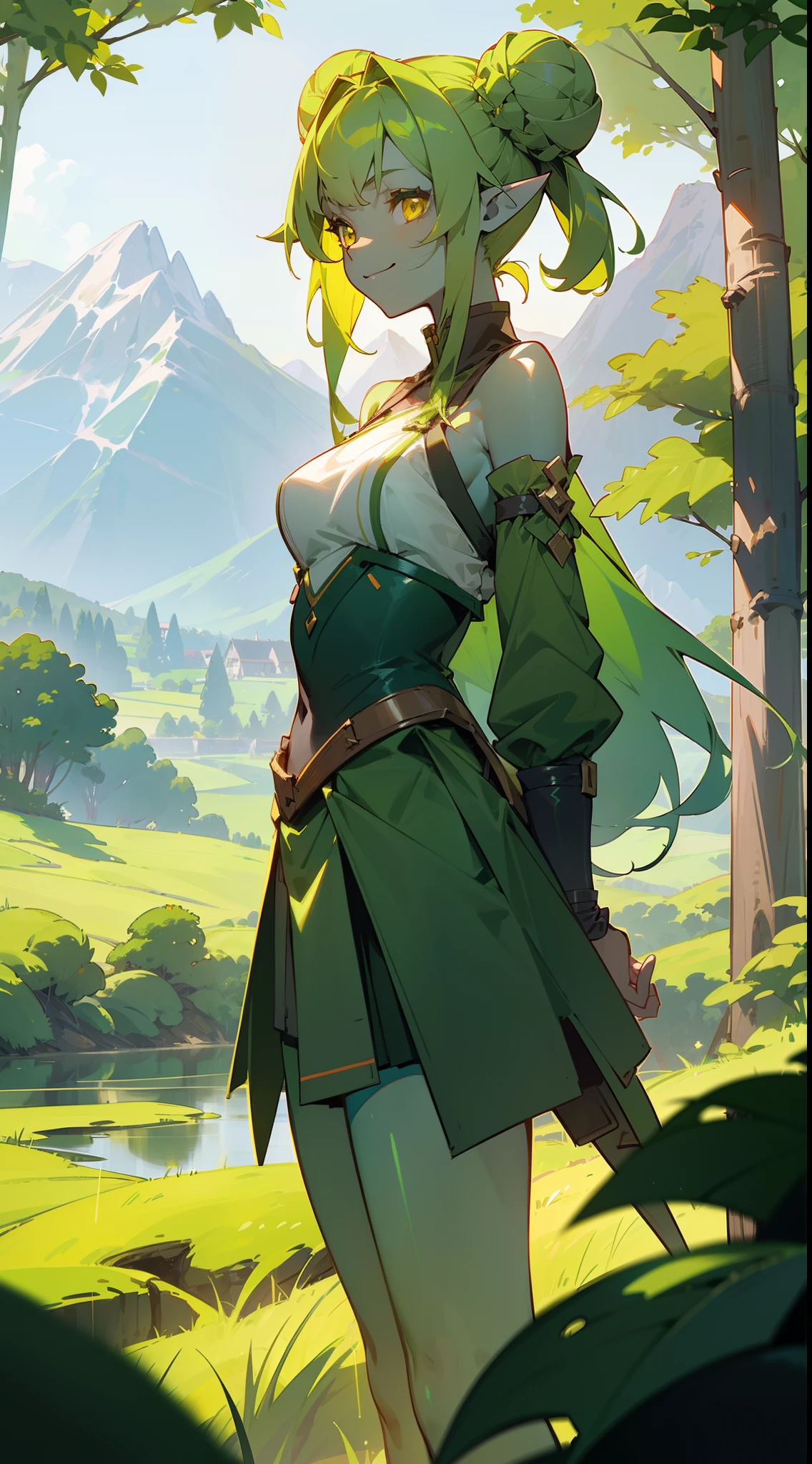 1girl,solo,((green skin,colored skin)),medium breasts,green hair,(long hair),double bun,pointy ears,yellow eyes, green shirt,green skirt,sleevess,bare thighs,smile,(standing,forest,houses, lakes, mountains,sunlight), cowboy shot