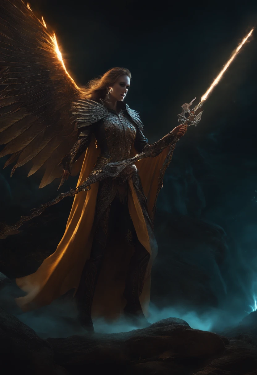 Cosmic Fallen Angel, Maltael, Gun sickles in their hands, Glowing light eyes, biomechanical, eldritch, Creepy, nightmarish, Very bright colors, light particles, with luminous light, Wallpaper Art, UHD wallpaper,medieval garb