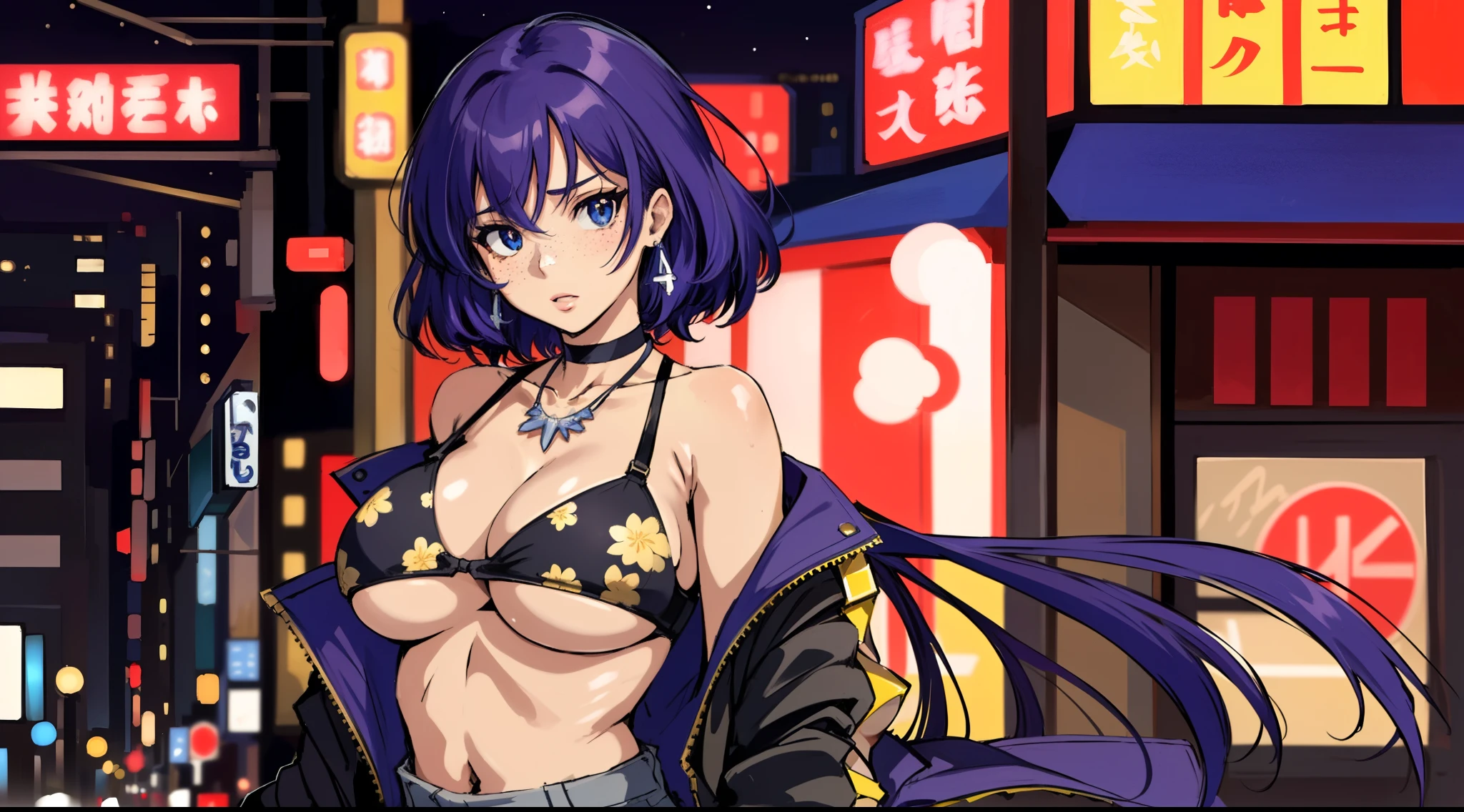 (masterpiece, best quality), (masterpiece, best quality), 1girl, collarbone, looking at viewer, blurry foreground, very detail back ground, upper body, necklace, contemporary, plain pants, ((intricate, print, pattern)), freckles, colorfull hair, night time, night city, city, colorful hair, (underboob), open shoulder, oversize black jacket, 80s anime, tokyo night, (underboob:1.2), black bra, night in city, car, street, food shop, warm tone, ((woman soft face)), zoom out camera, ((show face))
