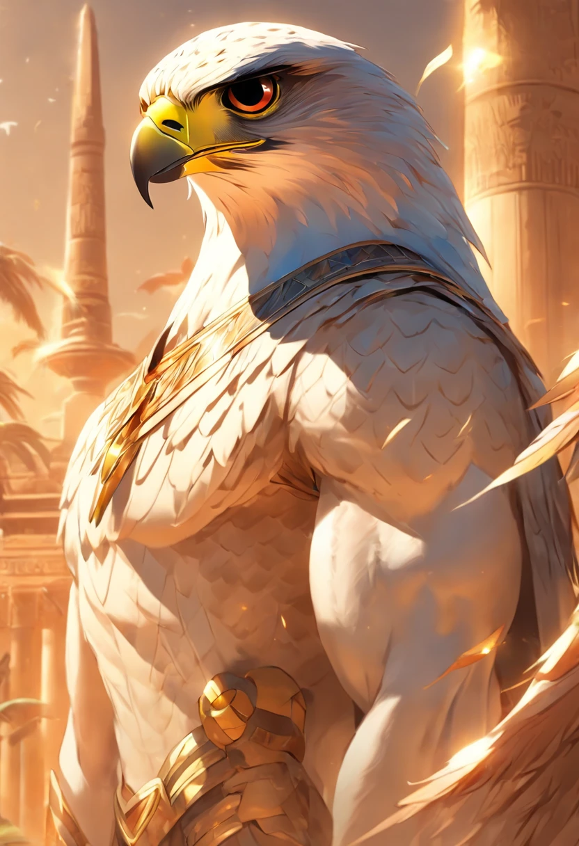 (((Man's body and falcon's head))) best quality, very high resolution, 4K detailed CG, master piece, Egyptian mythology,Atum-Ra, sun in the background,Ancient Egypt, standing pose, bird head, white clothes , Egyptian clothing, Egyptian temple, desert, Ancient Egypt, ((Falcon's head, man's body)), Egyptian palace, aesthetics, Beautiful image, centered on the screen, standing pose