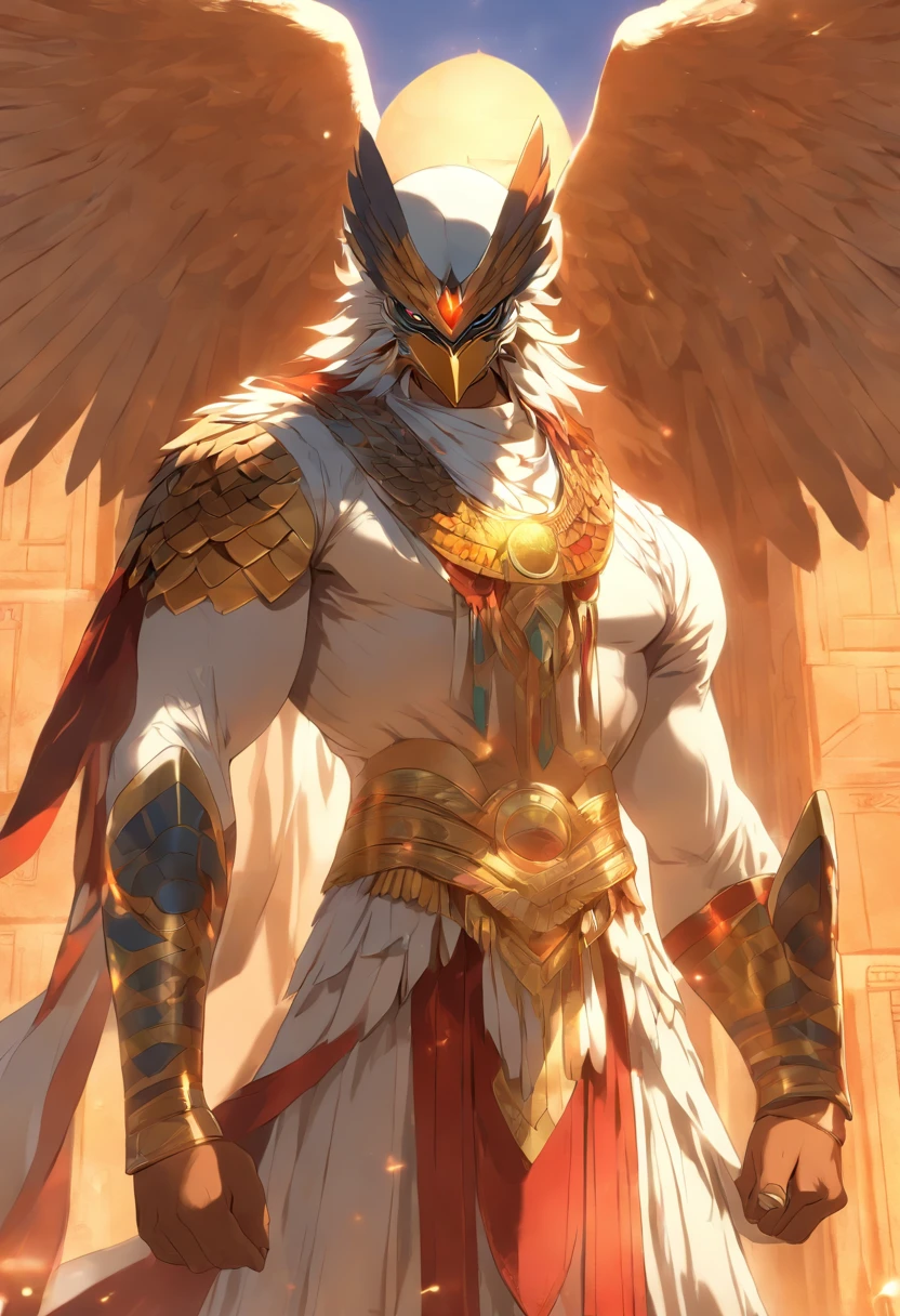 (((Man's body and falcon's head))) best quality, very high resolution, 4K detailed CG, master piece, Egyptian mythology,Atum-Ra, sun in the background,Ancient Egypt, standing pose, bird head, white clothes , Egyptian clothing, Egyptian temple, desert, Ancient Egypt, ((Falcon's head, man's body)), Egyptian palace, aesthetics, Beautiful image, centered on the screen, standing pose