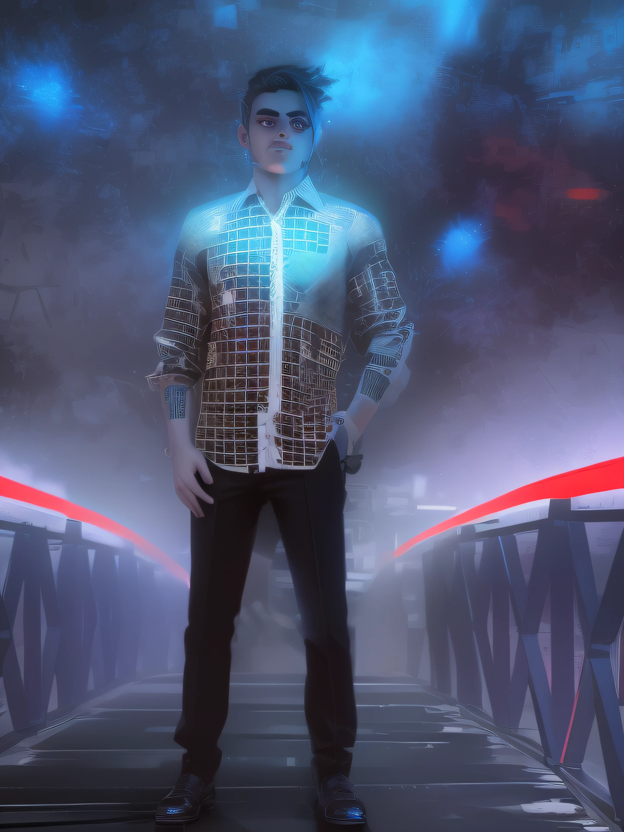 Change background cyberpunk handsome boy, realistic face, 8k, ultra realistic,dress shirt blury clasy background