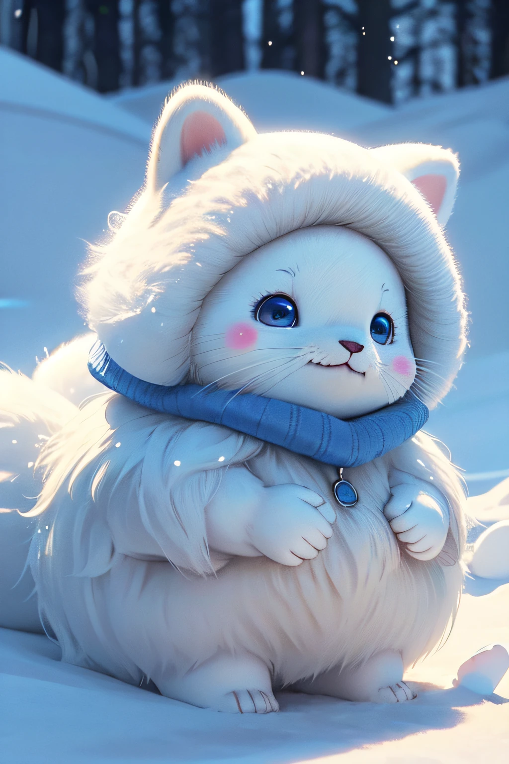 cute harp seal with fluffy fur wearing a snapback hat, lying down in snow, head and body covered in snow, pile of snow, snowing in the arctic, vivid colors, 3d render, bright lighting, vivid colors, grinning from ear to ear,