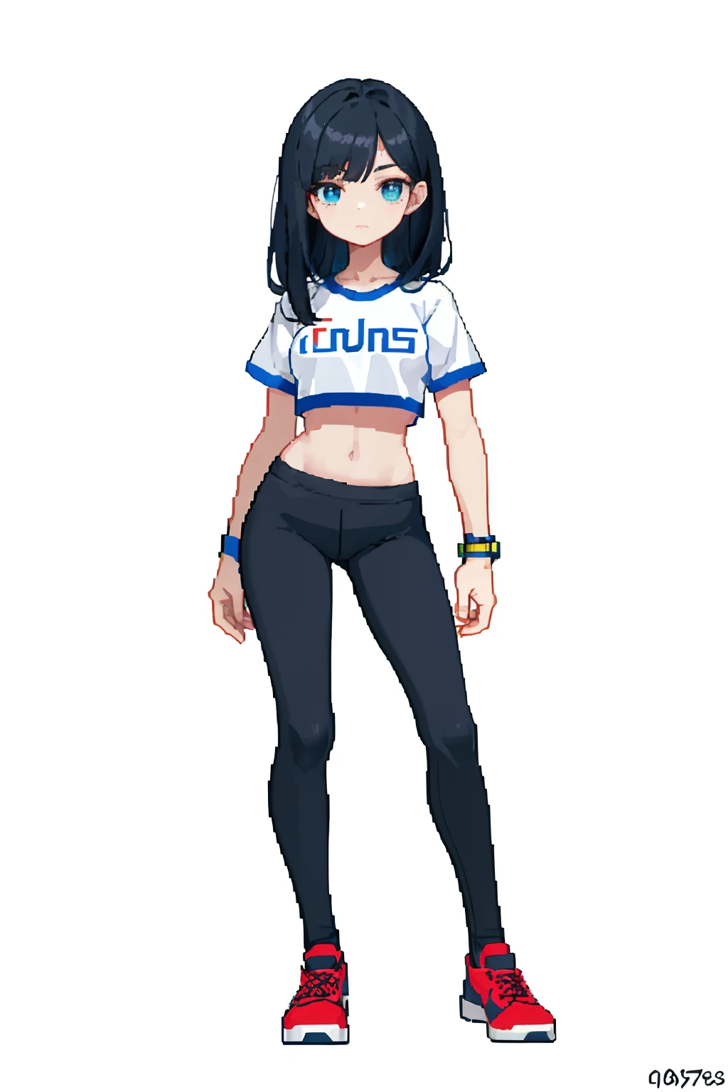 (obra-prima, qualidade superior, melhor qualidade), pixel, Pixel Art, 1gilr, corpo inteiro, Black hair, olhos vermelhos, bracelete azul, jaqueta vermelha de couro aberta, black legging pants, red sneakers