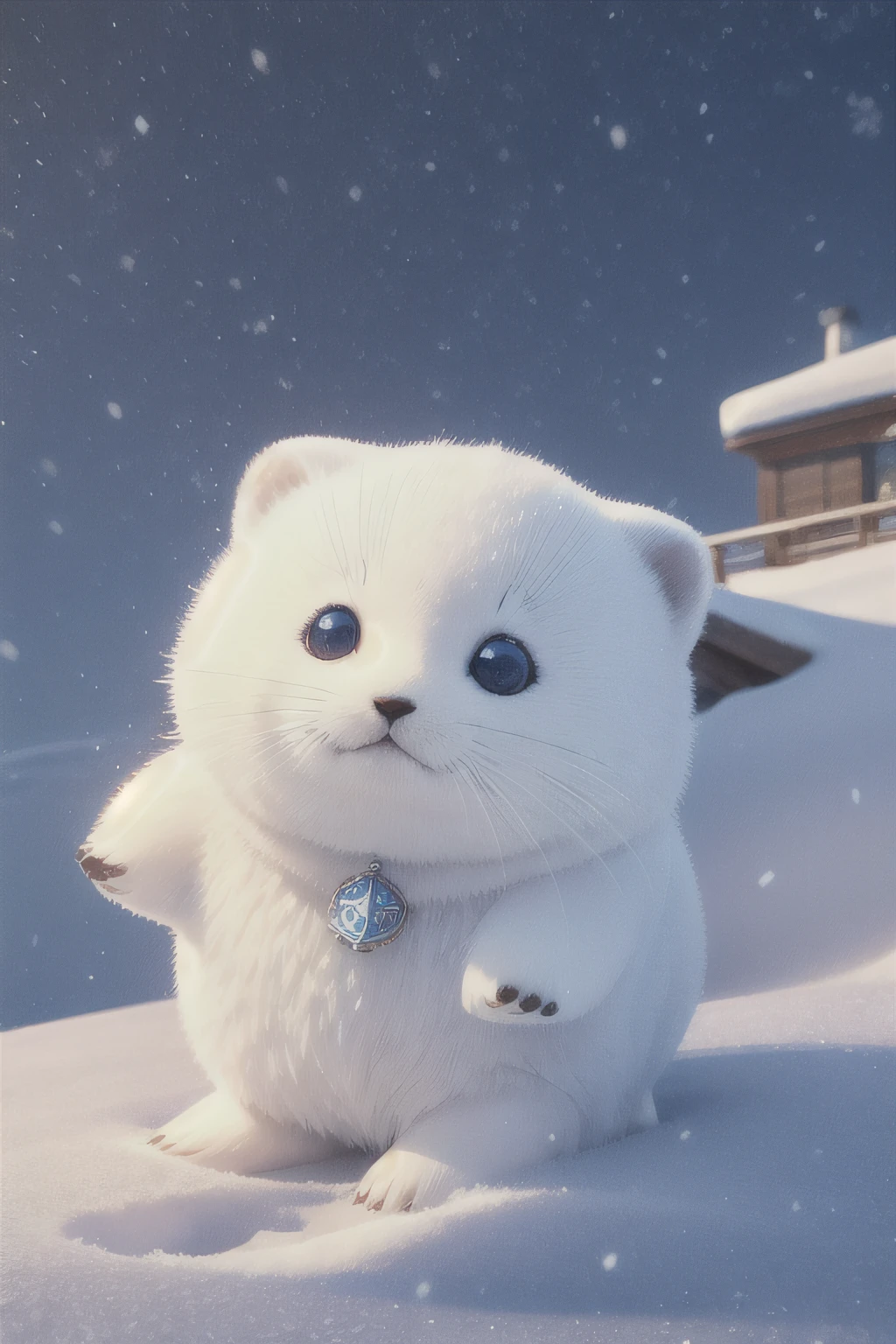 cute harp seal with fluffy fur covered in snow, snowing in the arctic, vivid colors, 3d render, bright lighting, vivid colors, grinning from ear to ear,