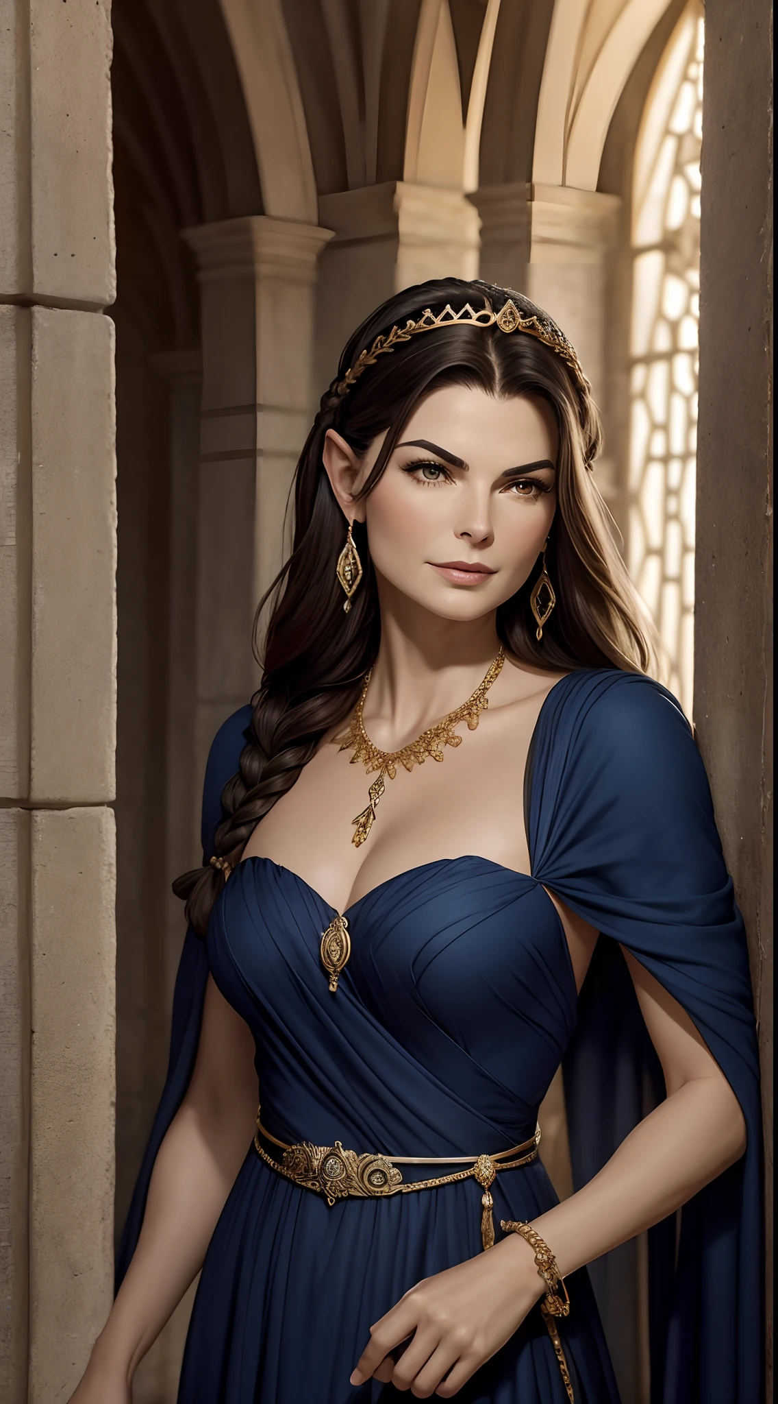Atriz Sela Ward, 20 anos, like a MYTHOLOGICAL ELFA in a long navy blue dress with side slits (Tecido transparente) , coxas expostas, tiara dourada, braceletes de ouro, brincos de argola de ouro, gargantilha de ouro, franja nos cabelos (braided hair), orelhas de elfo, facial expression of tenderness, olhos azuis, look-at-camera, Athletic Corps - Medieval Castle, suspense, Enigmatic image.
