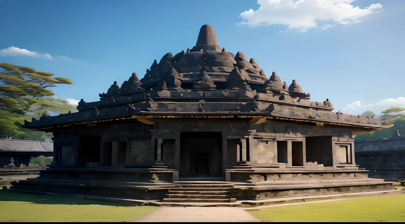 Borobudur Temple, Buddhist temple building, Clear blue sky overhead, Evokes a sense of peace and simplicity, Indonesia, patches of green fields, countryside, green fields, green sabana, Colorful garden of flowers and plants，Majestic nature, Detailed temple carvings, Temple architecture building, High Resolution, Great graphic detailed,