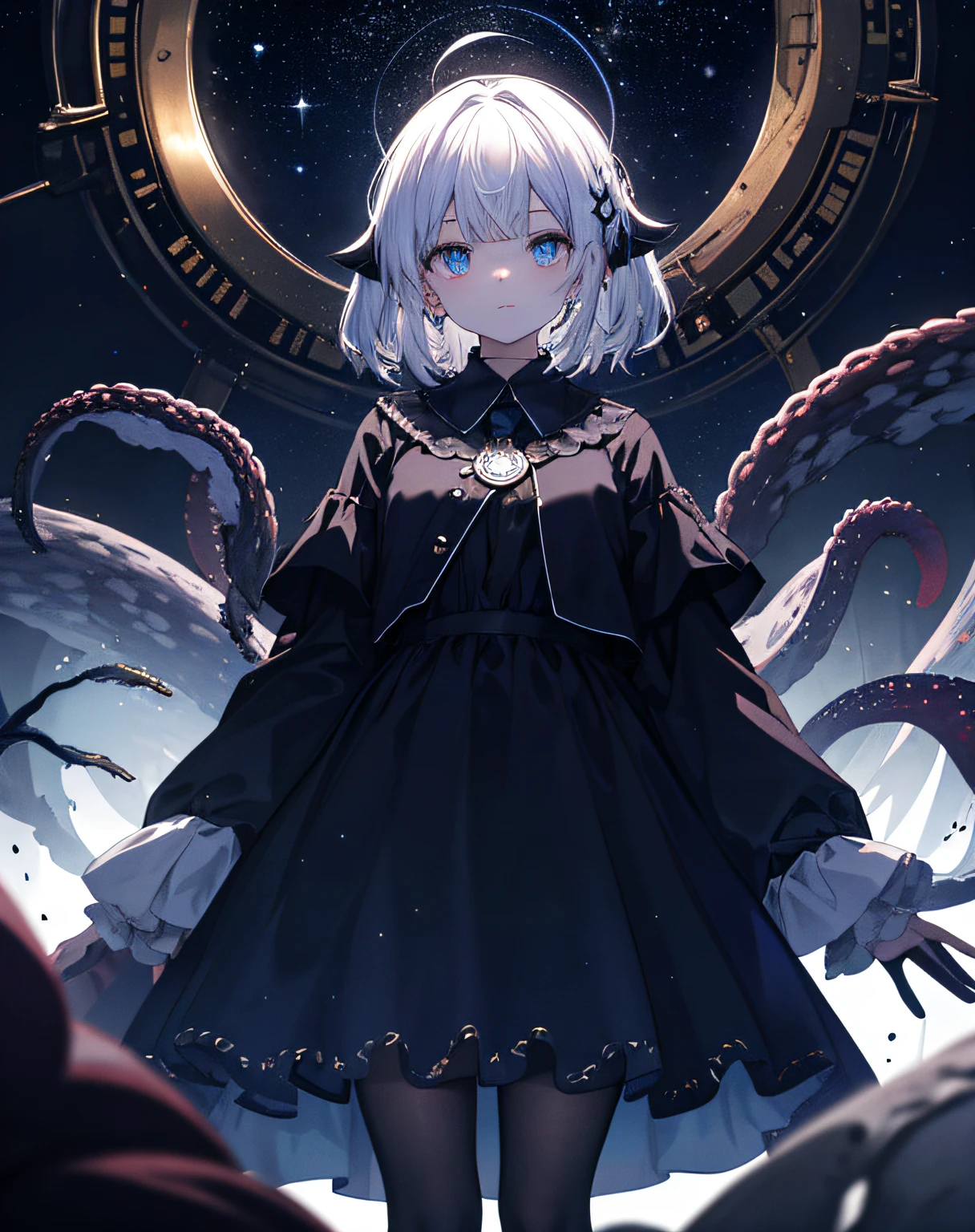1girl,In a world beyond our own, a girl stands upon the face of a clock, her gaze fixed upon the vast, empty expanse of the starry void that lies beyond. It is a place of unimaginable wonder and terror, where the fabric of reality is stretched thin and the very laws of physics are called into question. In the distance, she can see the faint glimmer of distant stars, their light flickering like candles in the endless darkness. But as she watches, something stirs behind her, a writhing mass of foam and tentacles that churns and boils with an almost sentient fury. It is a creature of the deep, a horror from the abyss, and it has come to claim her as its own. But the girl stands firm, her eyes fixed upon the stars, her will as unyielding as the clock beneath her feet. For she knows that in this place of infinite possibility, anything is possible, and even the greatest of horrors can be defeated with the power of the human spirit. And so she stands, a beacon of hope in a world of darkness, a shining star in the midst of the void.