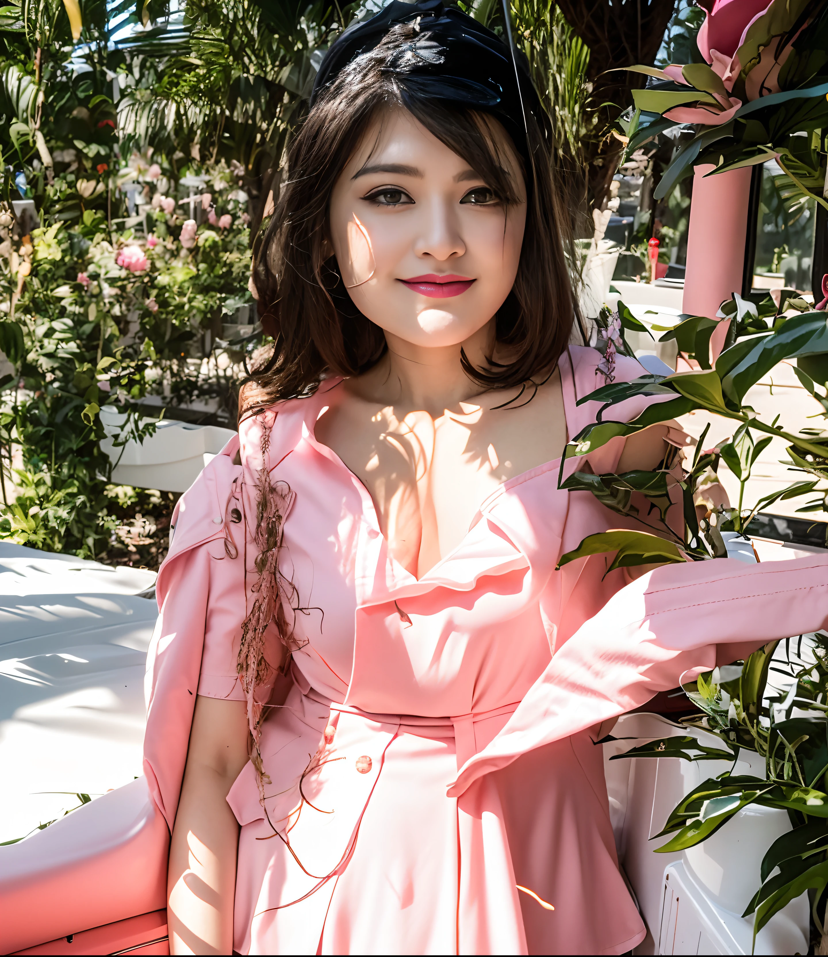 (((pink collared police officer shirt))),(((bare side breast))),(((bare inner thigh and pink over-kneehighs))),(((show pink panty))),(((wear a pink tie and cleavage pink cutout))),(((wear a regulation pink police cap and pink peplum miniskirt lift:1.5))),(((bare shoulders and detached sleeves))),ulzzang-6500-v1.1, (Raw photo:1.2), (Photo realistic:1.4), a beautiful detailed girl, extremely detailed eye and face, beautiful detailed eyes, ultra-detailed, High resolution, top-quality, masterpiece, highly detailed, 8k wallpaper, Wonderful, finely detail, top-quality, Light on the face,电影灯光,1girl in,(prison bedroom),Beautiful eyes,smile,Opening Mouth